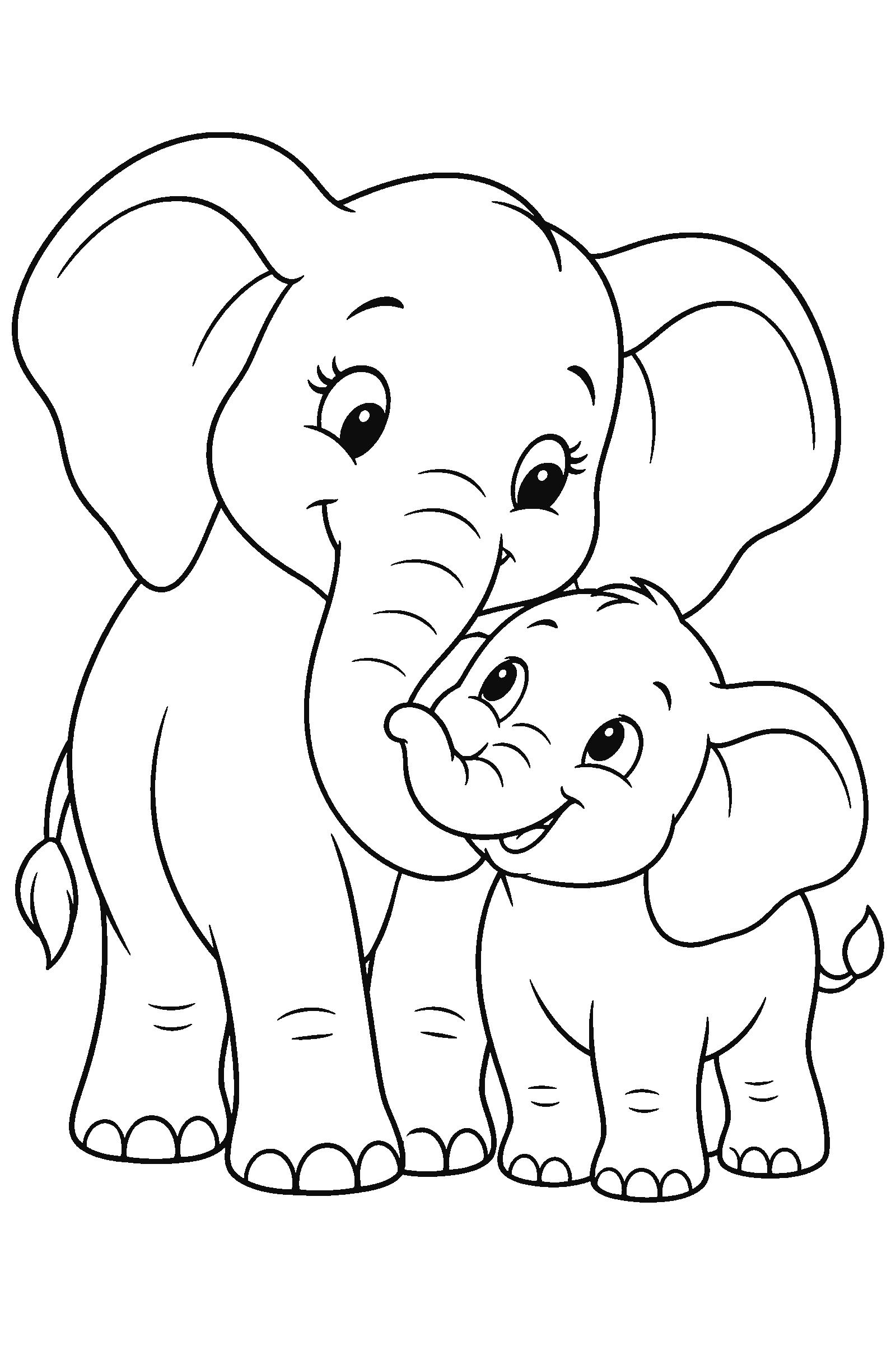 Coloring page of a mother and baby elephant