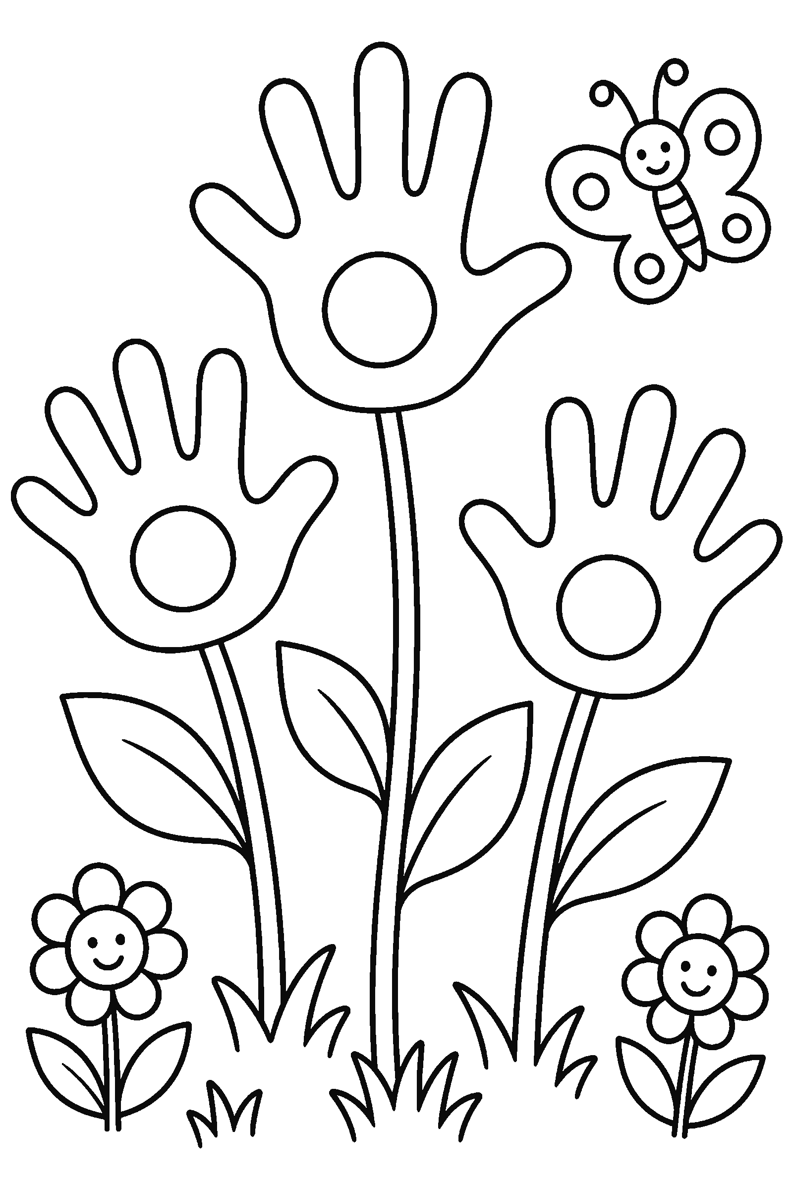 Coloring page of flowers made from handprints