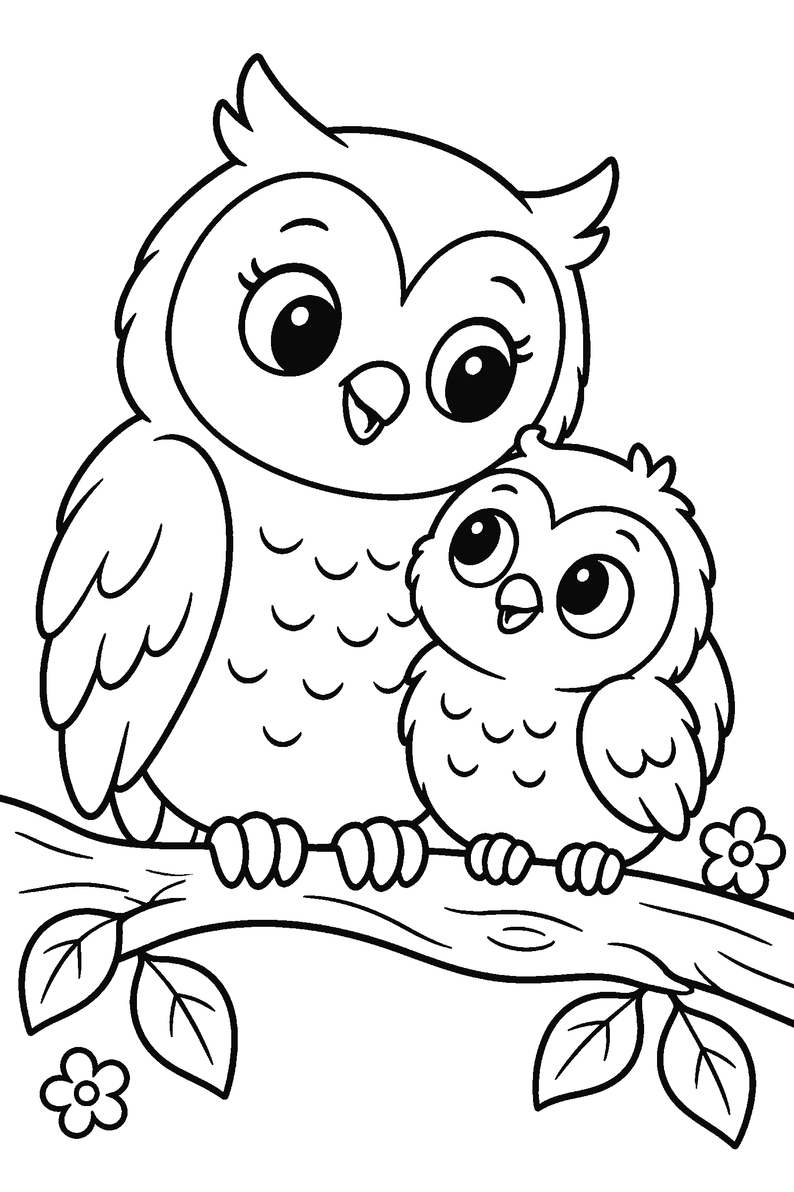 Coloring page of a mother owl and owlet