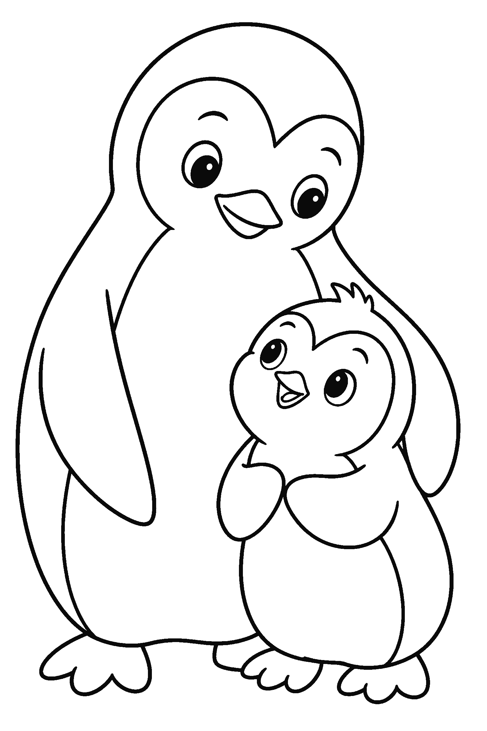 Coloring page of a mother and baby penguin
