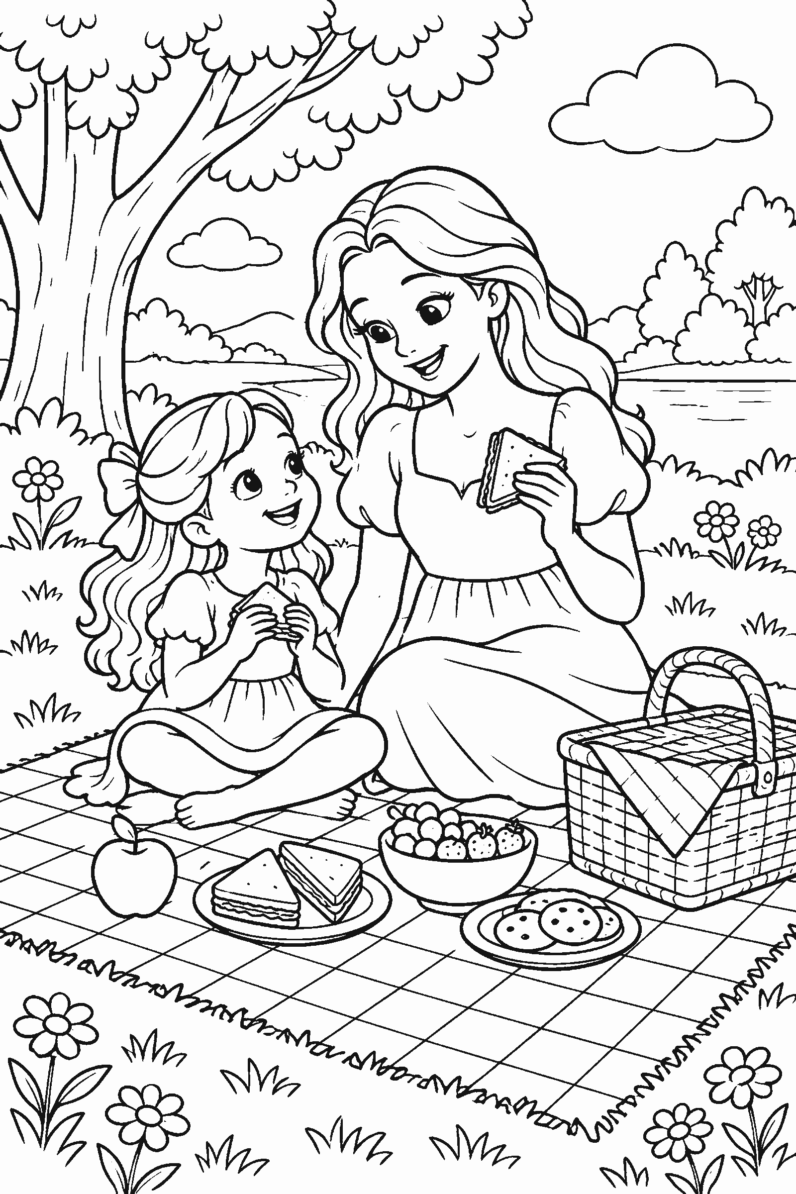 Coloring page of a mother and child picnic