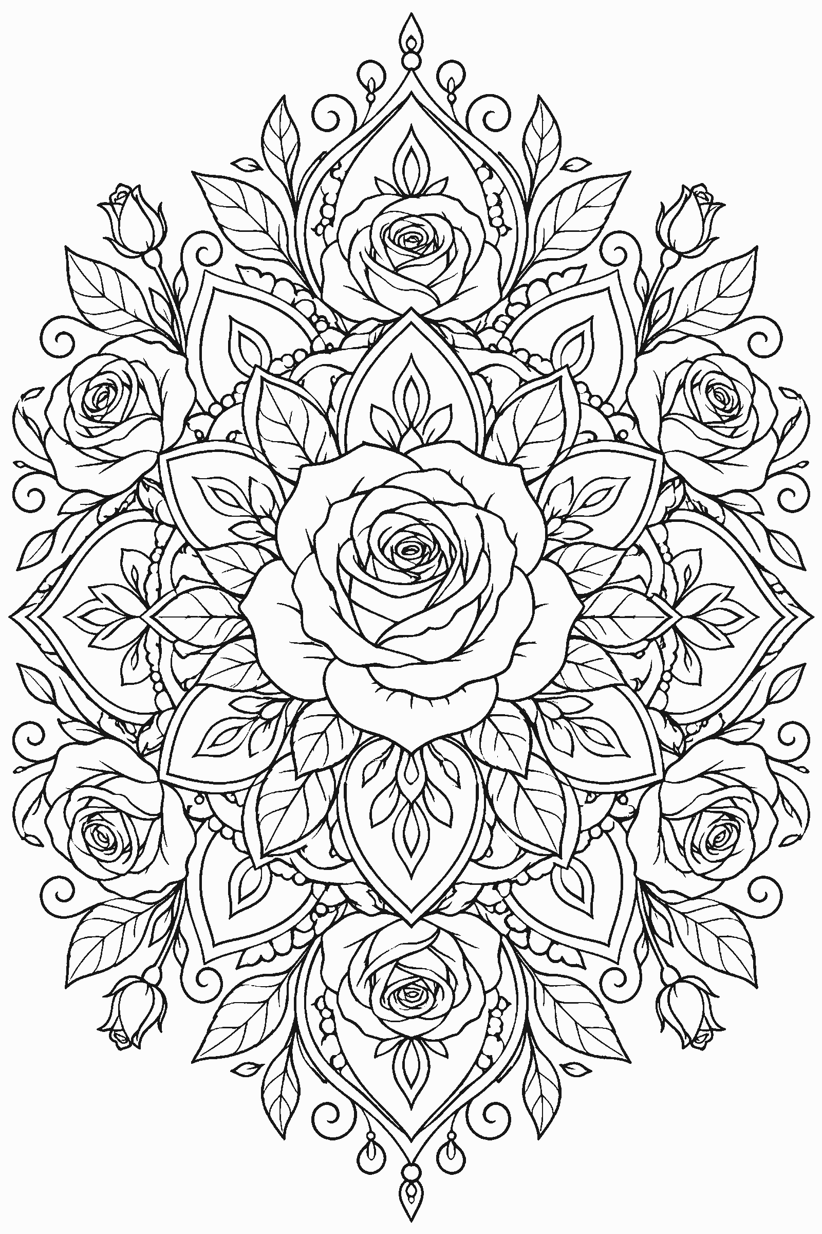 Coloring page of a rose mandala