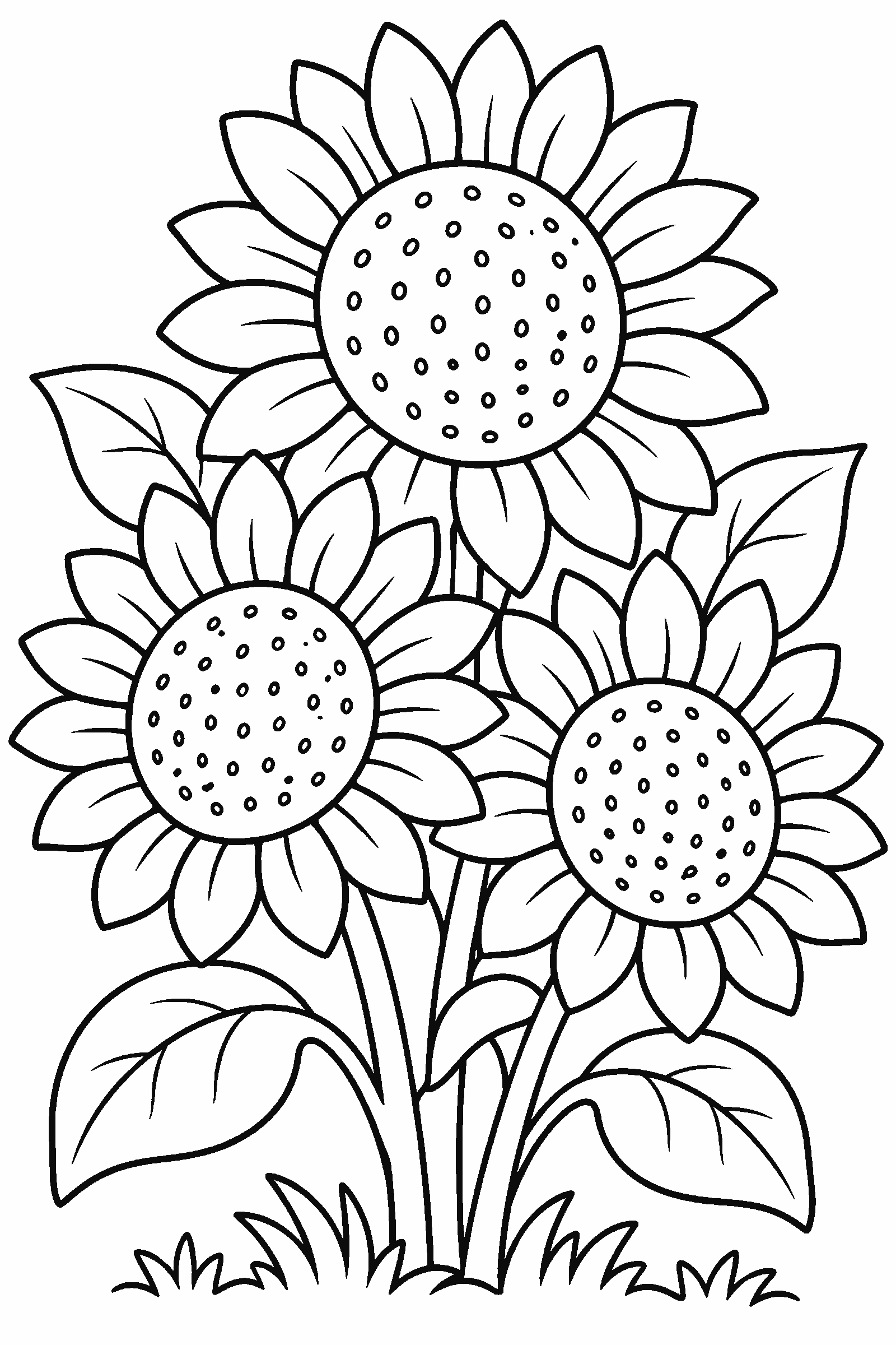 Coloring page of a bunch of sunflowers
