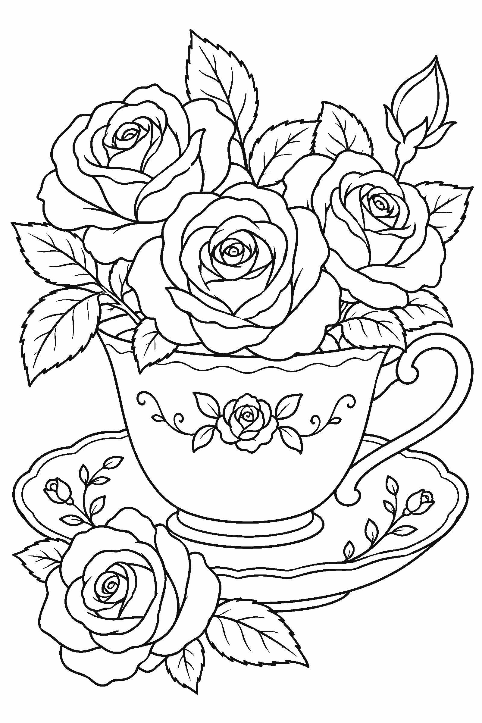 Coloring page of a teacup with roses