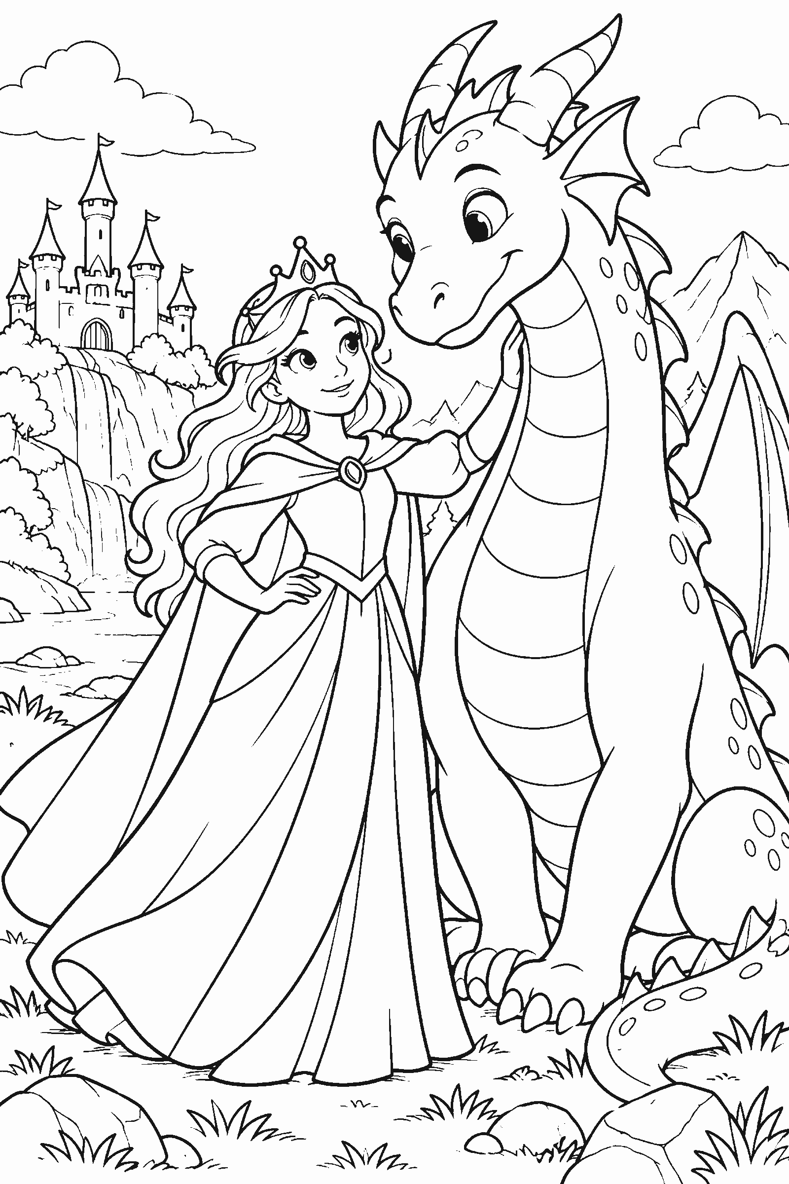 Coloring page of an original brave princess with a friendly dragon