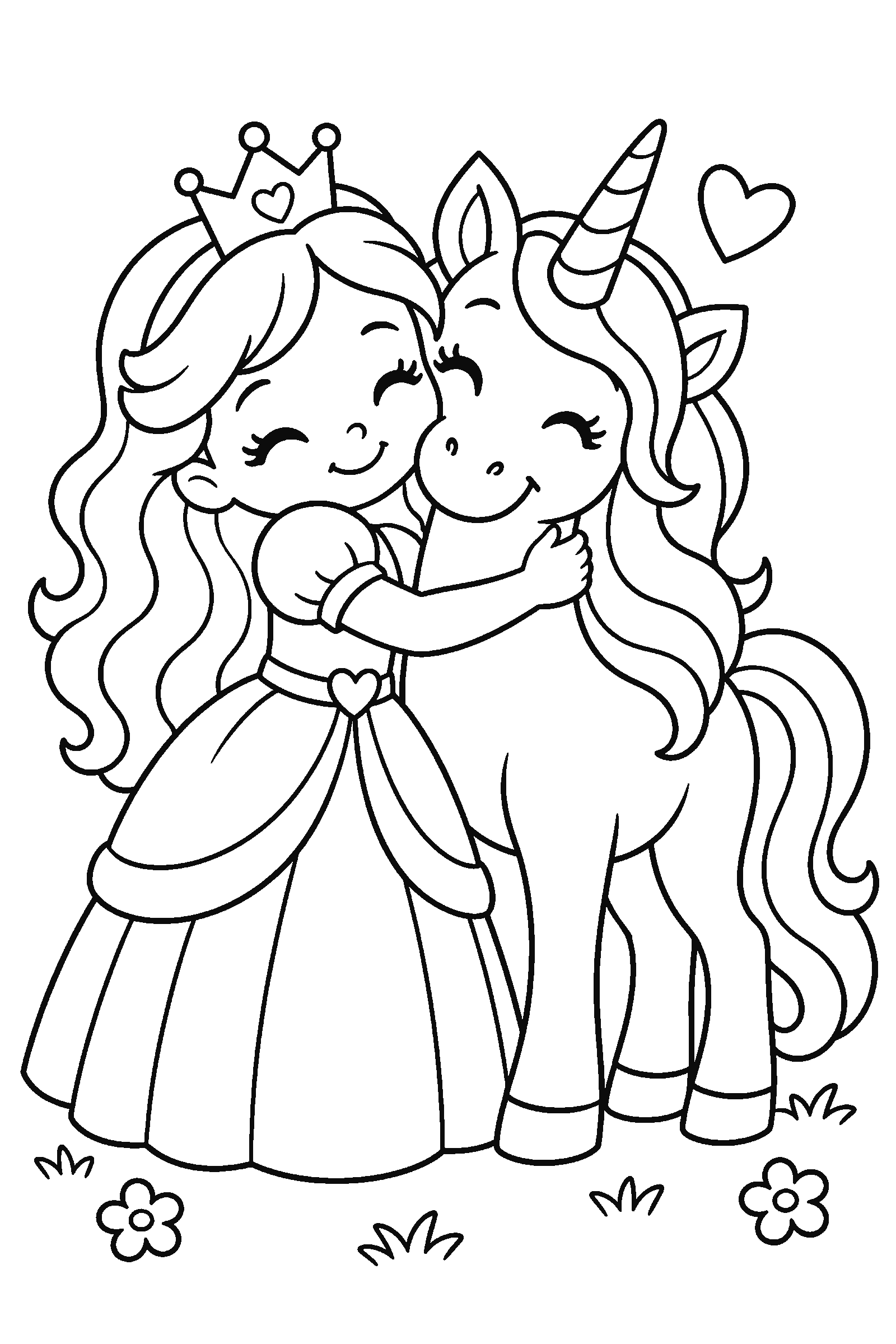 Coloring page of an original princess hugging a unicorn