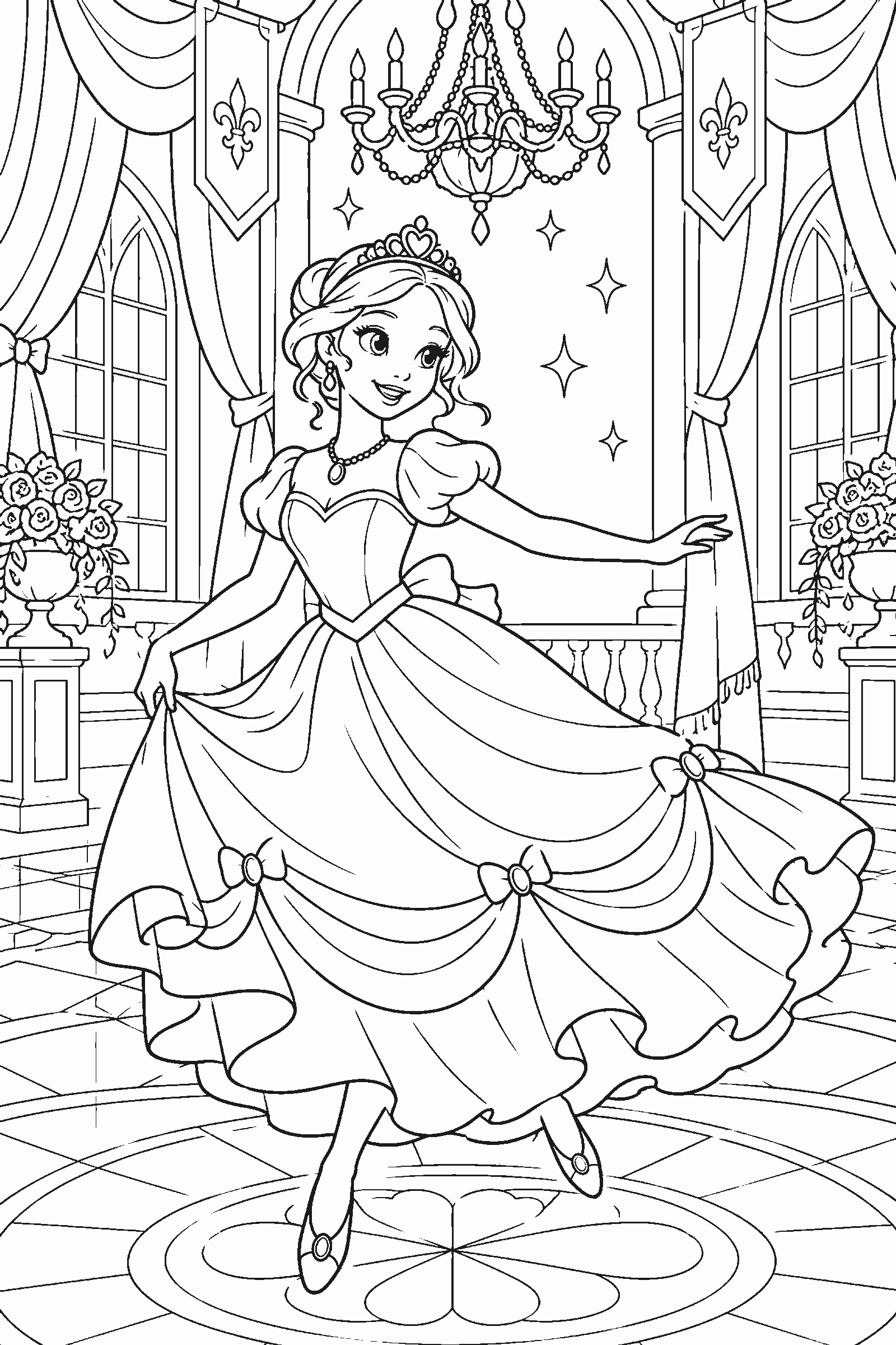 Coloring page of an original princess dancing at a ball