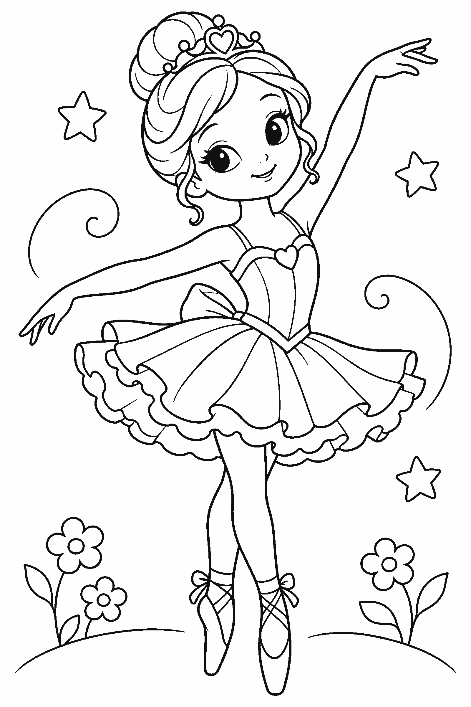 Coloring page of an original ballerina princess dancing