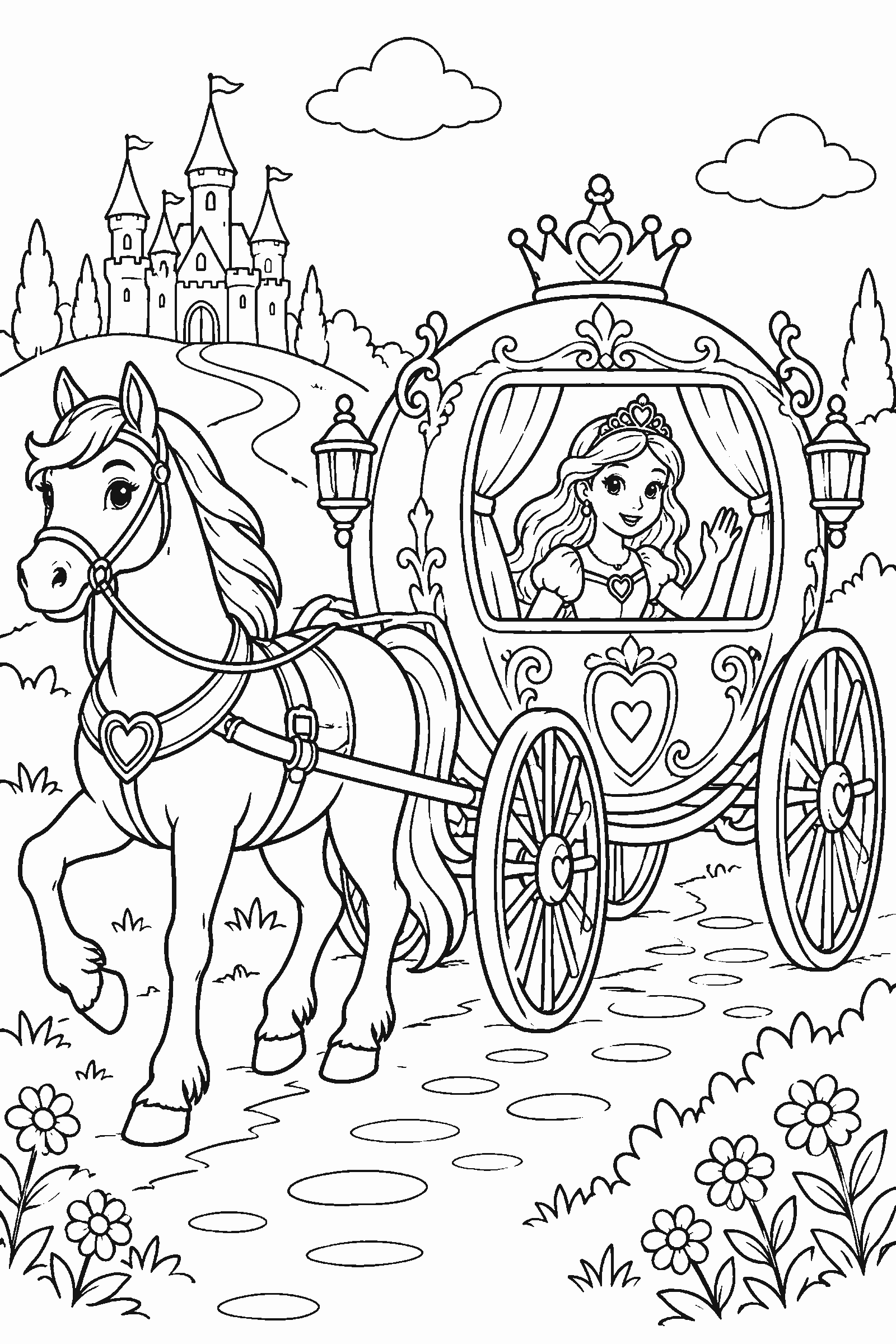 Coloring page of a princess carriage pulled by a horse