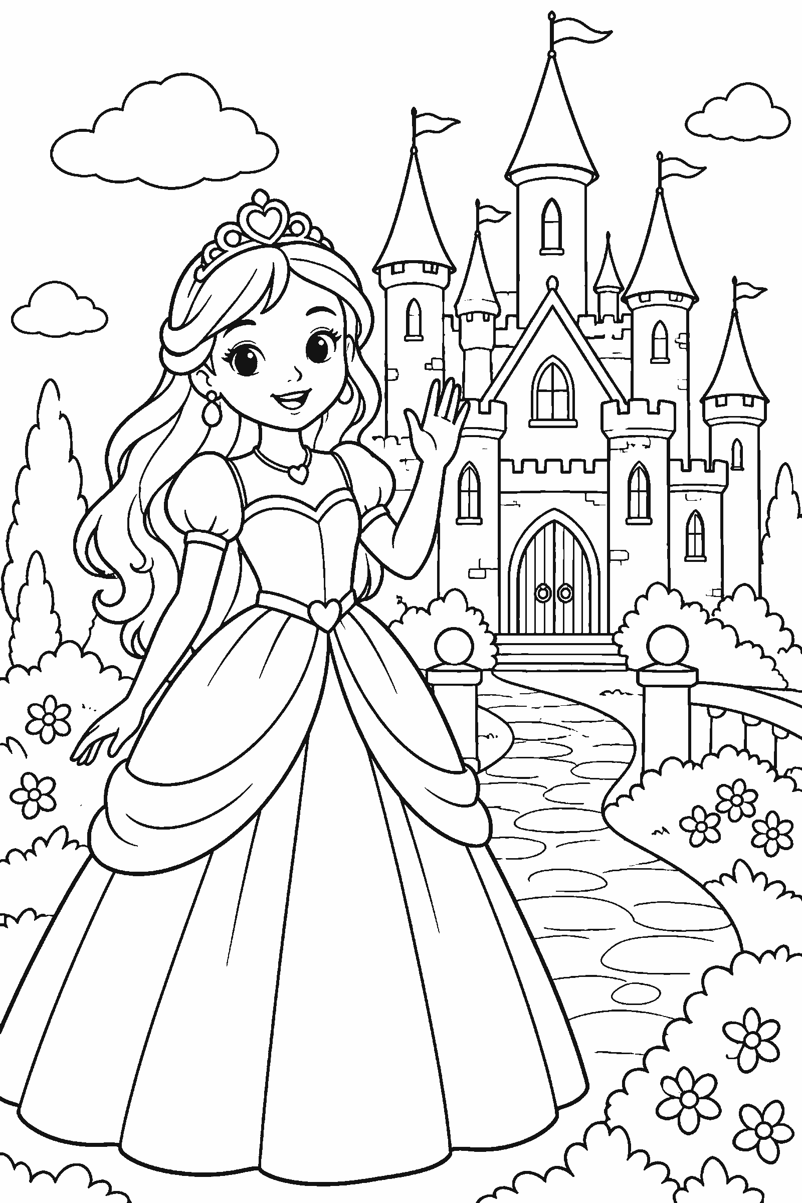 Coloring page of an original princess waving in front of a fairytale castle
