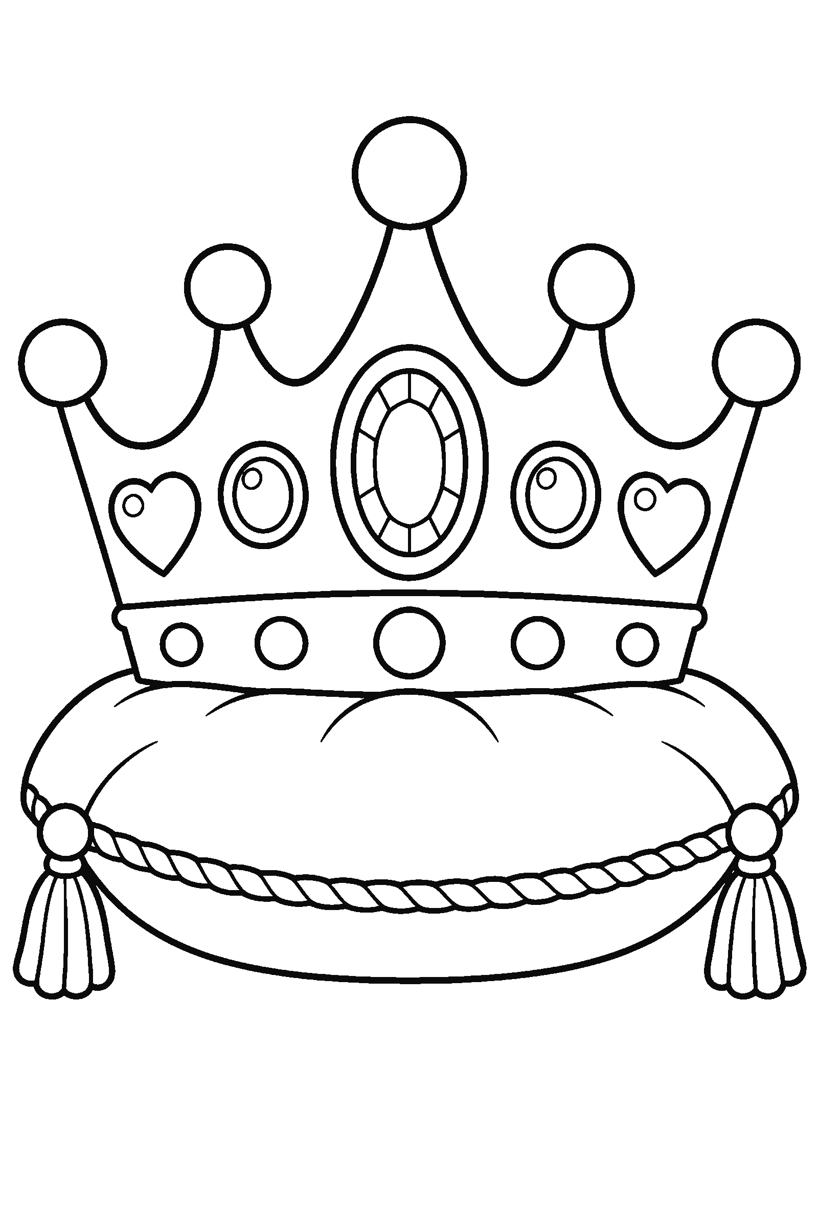 Coloring page of a big jeweled princess crown on a pillow
