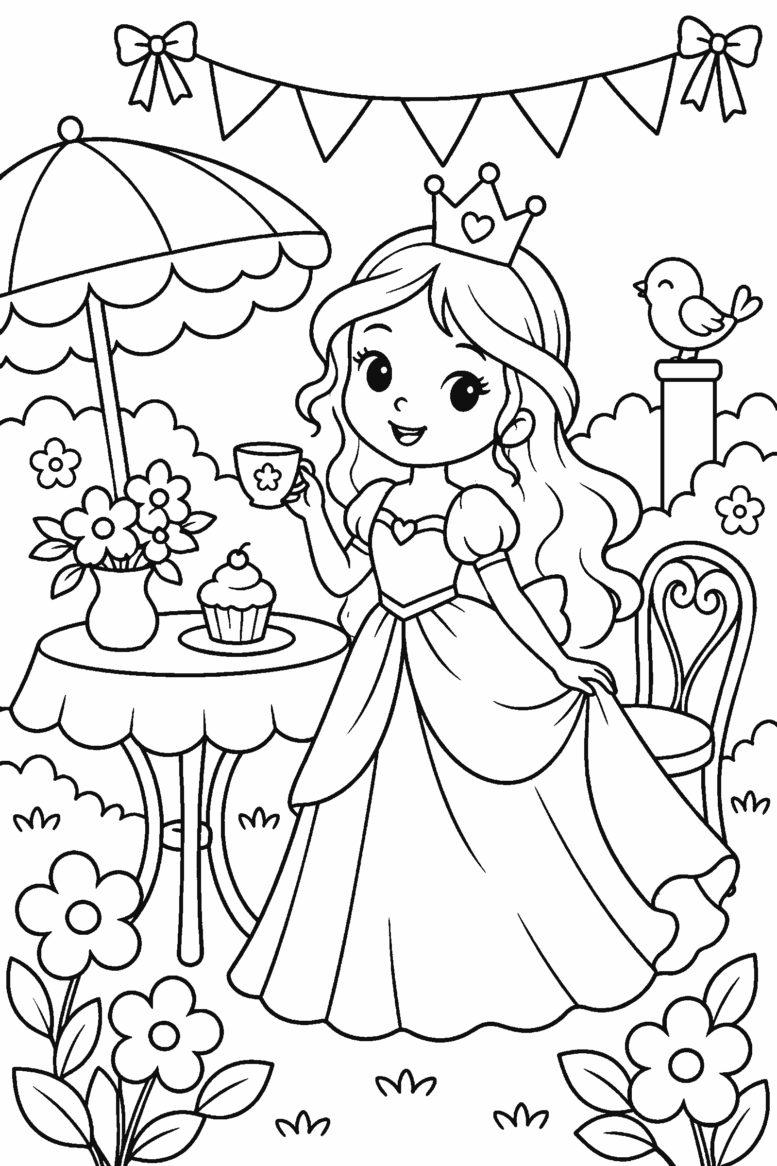 Coloring page of an original princess at a garden party
