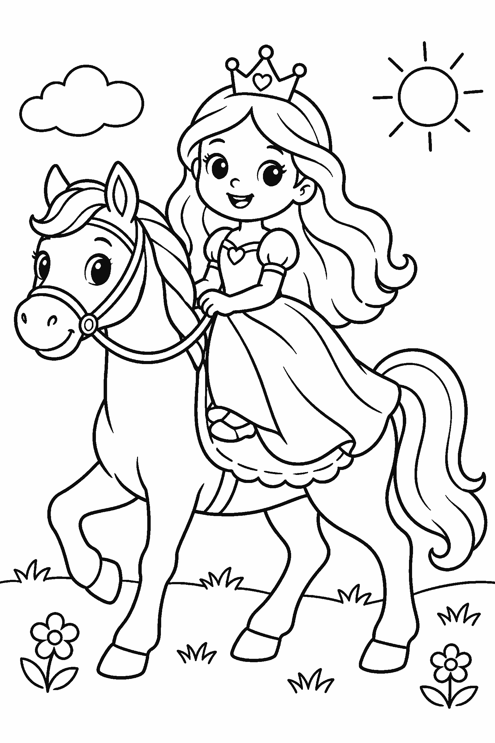 Coloring page of an original princess riding a horse