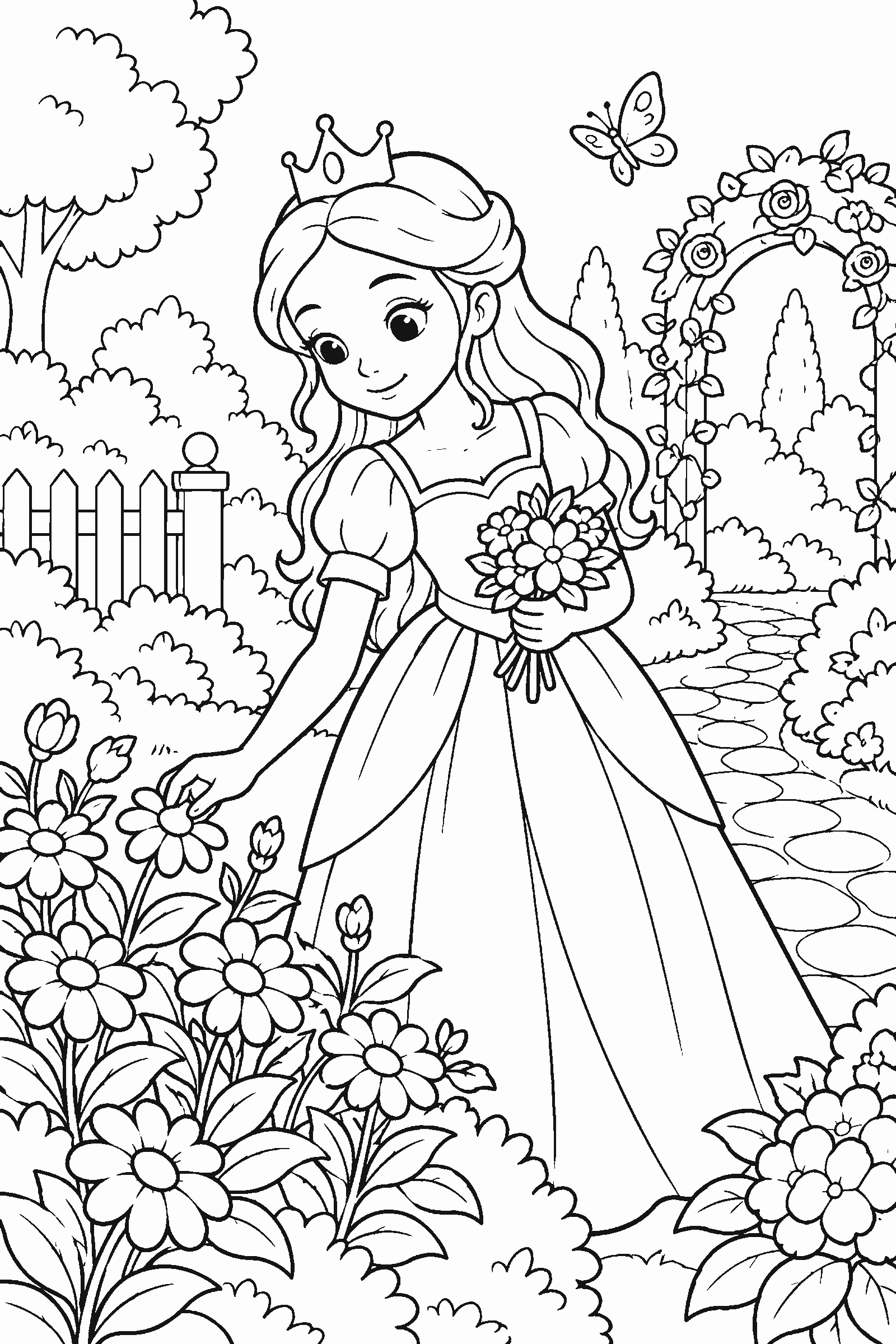 Coloring page of an original princess picking flowers in a garden