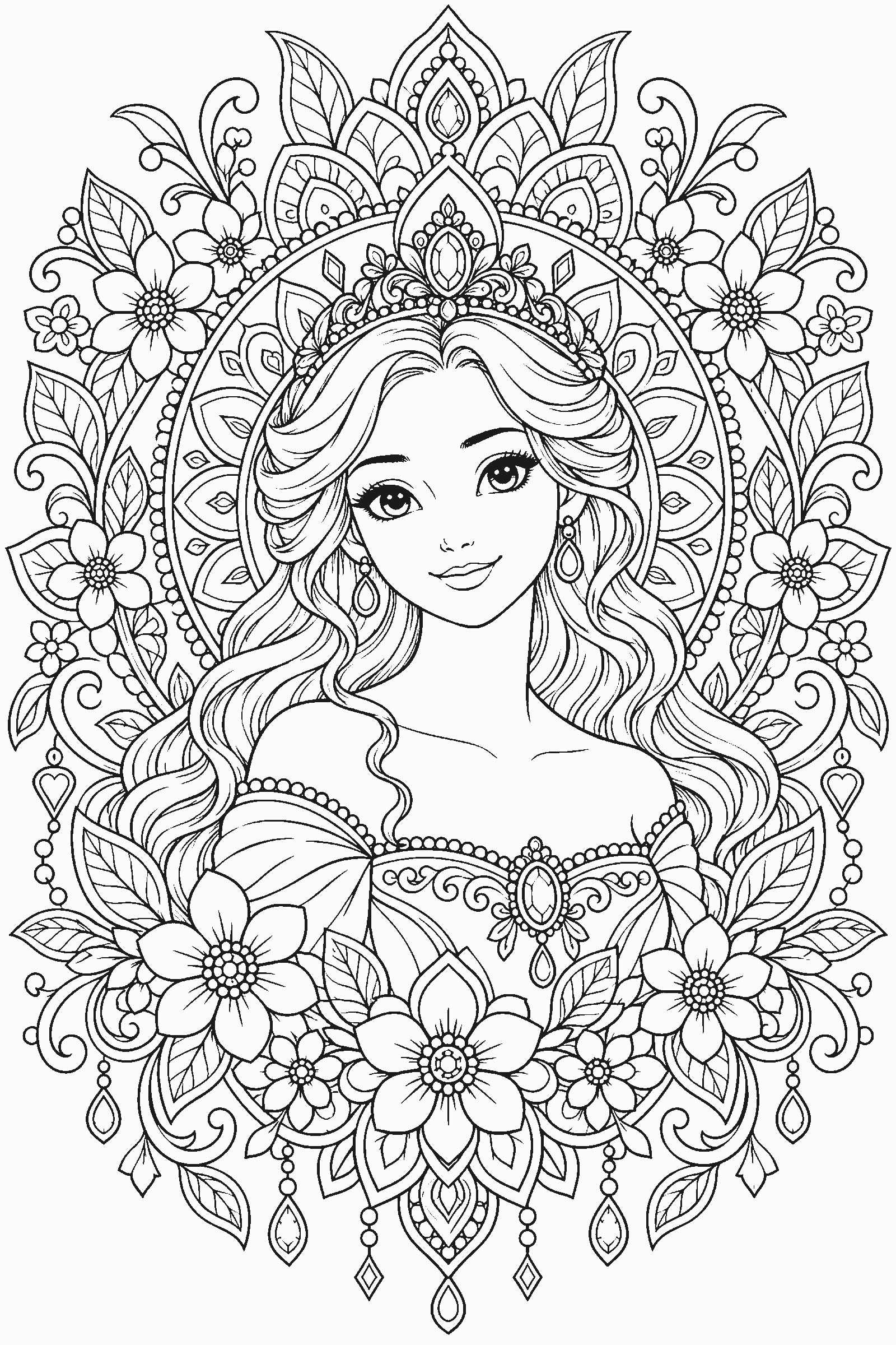 Coloring page of a detailed princess portrait framed by a floral mandala