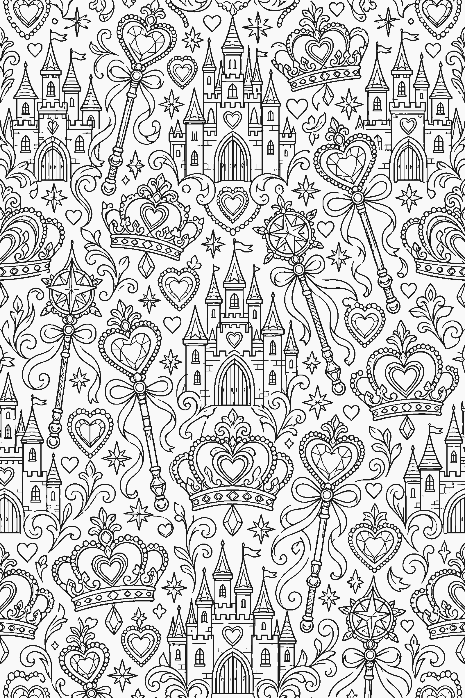 Coloring page of a full-page pattern of crowns, wands, hearts and castles