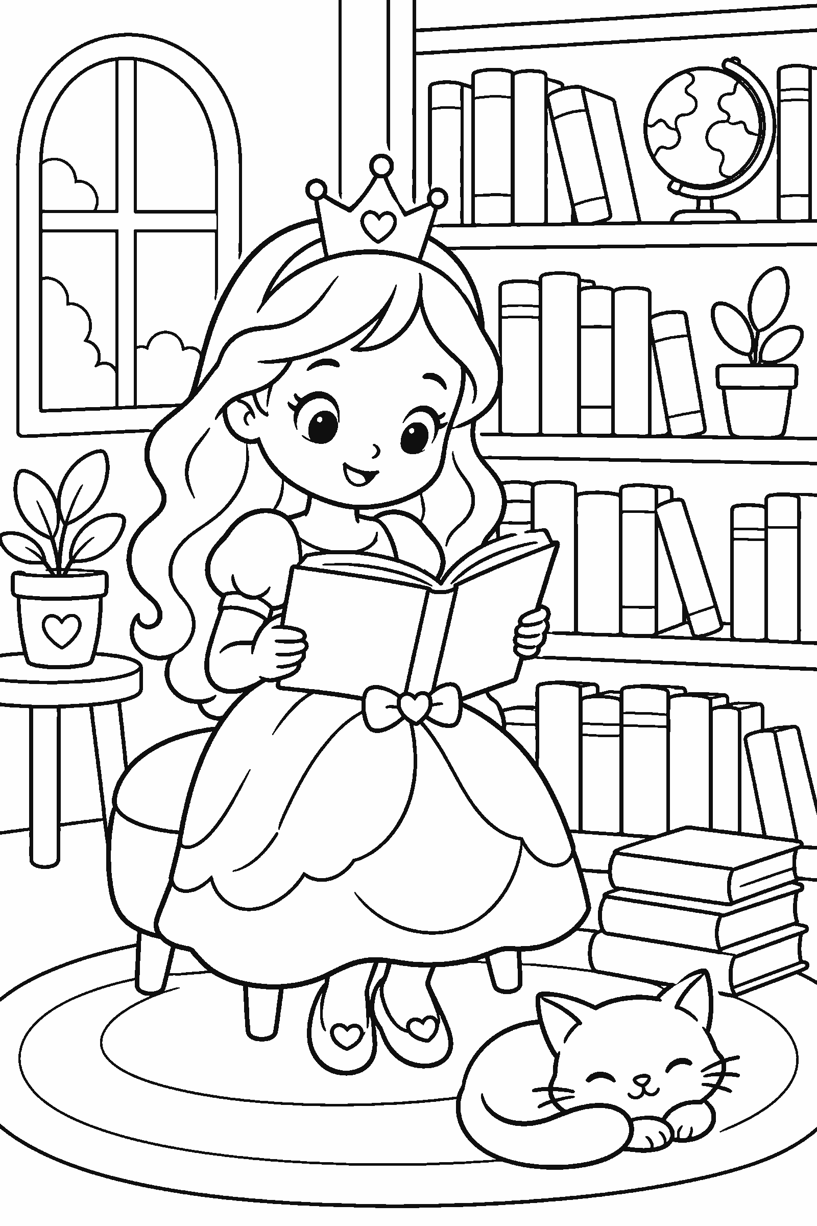 Coloring page of an original princess reading in a library