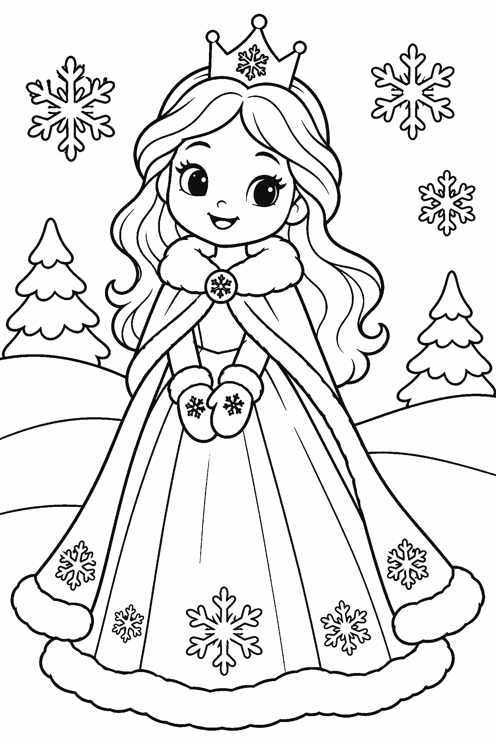 Coloring page of an original snow princess