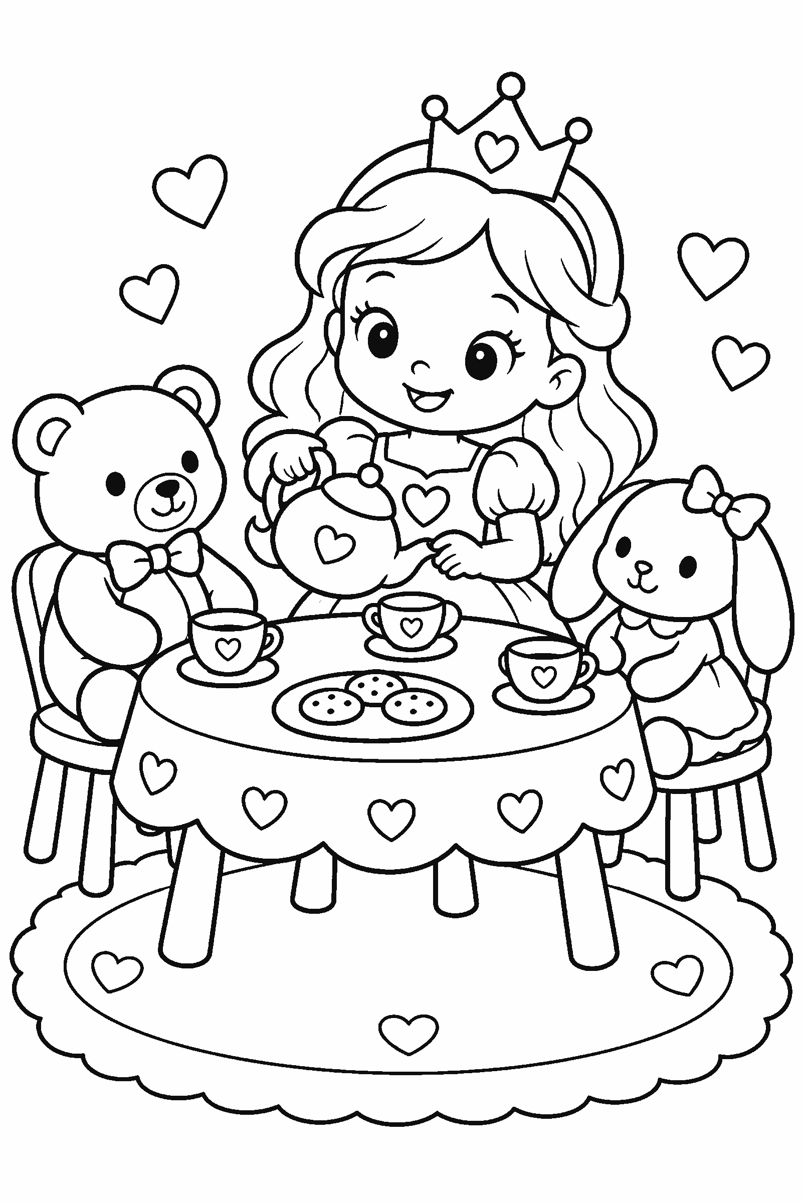 Coloring page of an original little princess having a tea party with toys