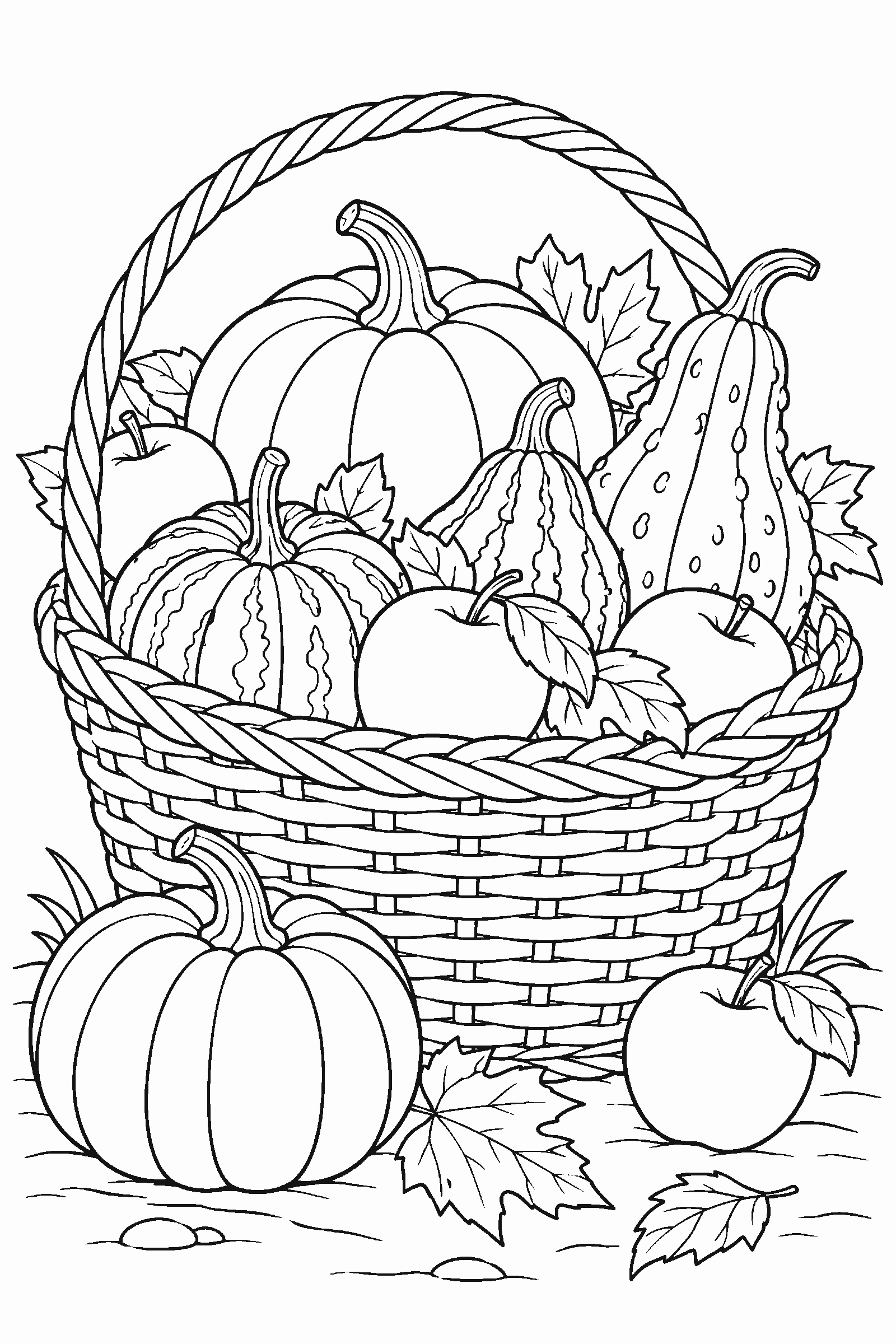 Coloring page of a basket of pumpkins, gourds and apples