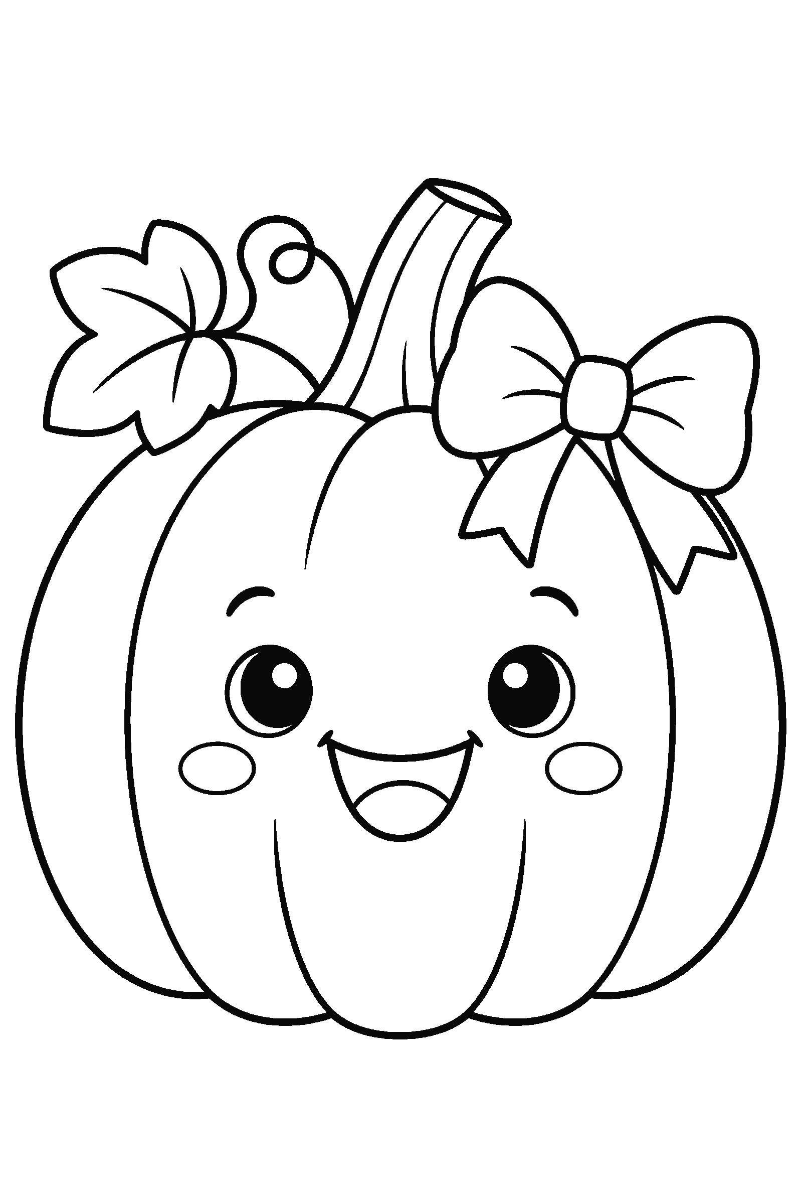 Coloring page of a cute pumpkin with a happy face and a bow