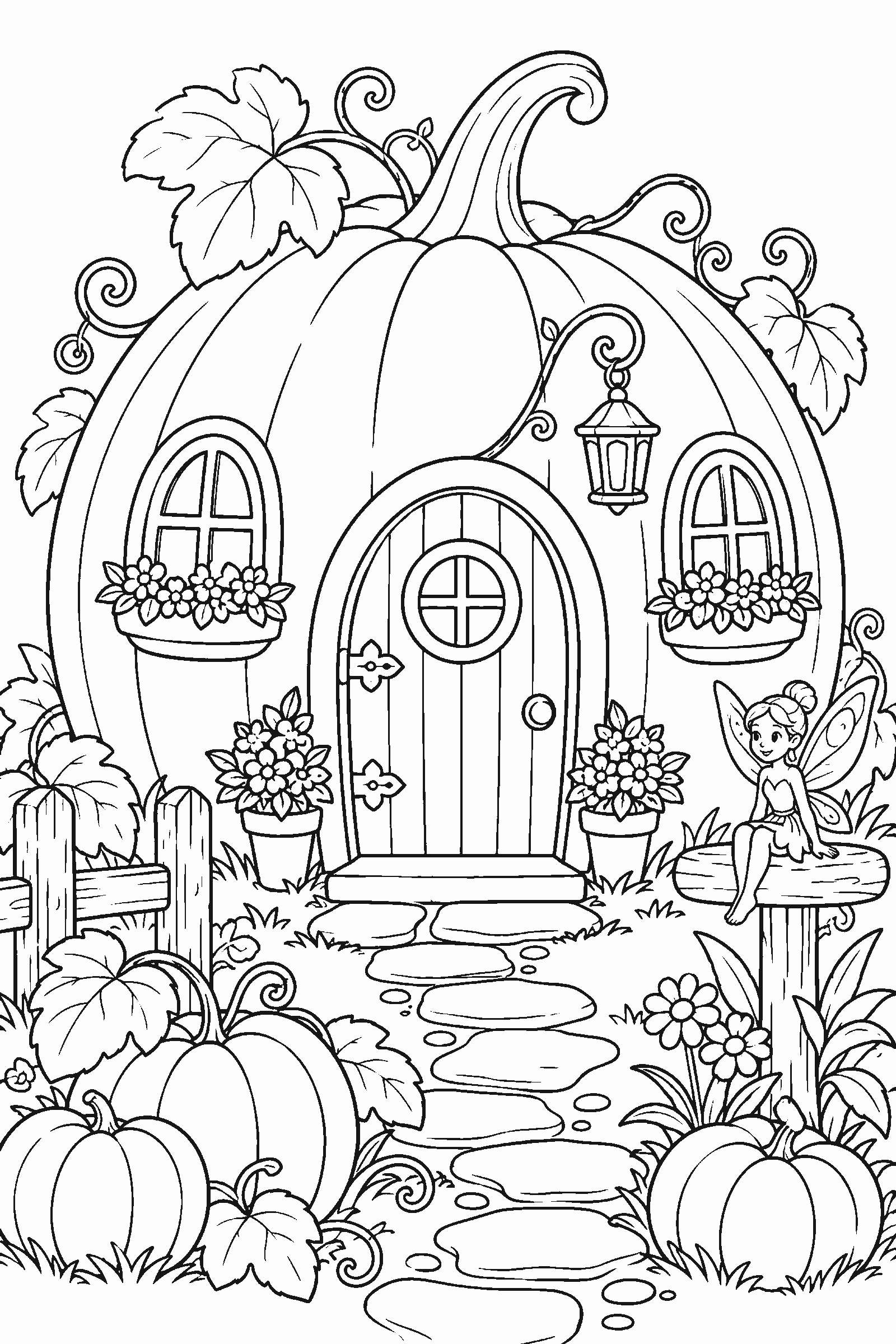 Coloring page of a fairy house carved from a giant pumpkin