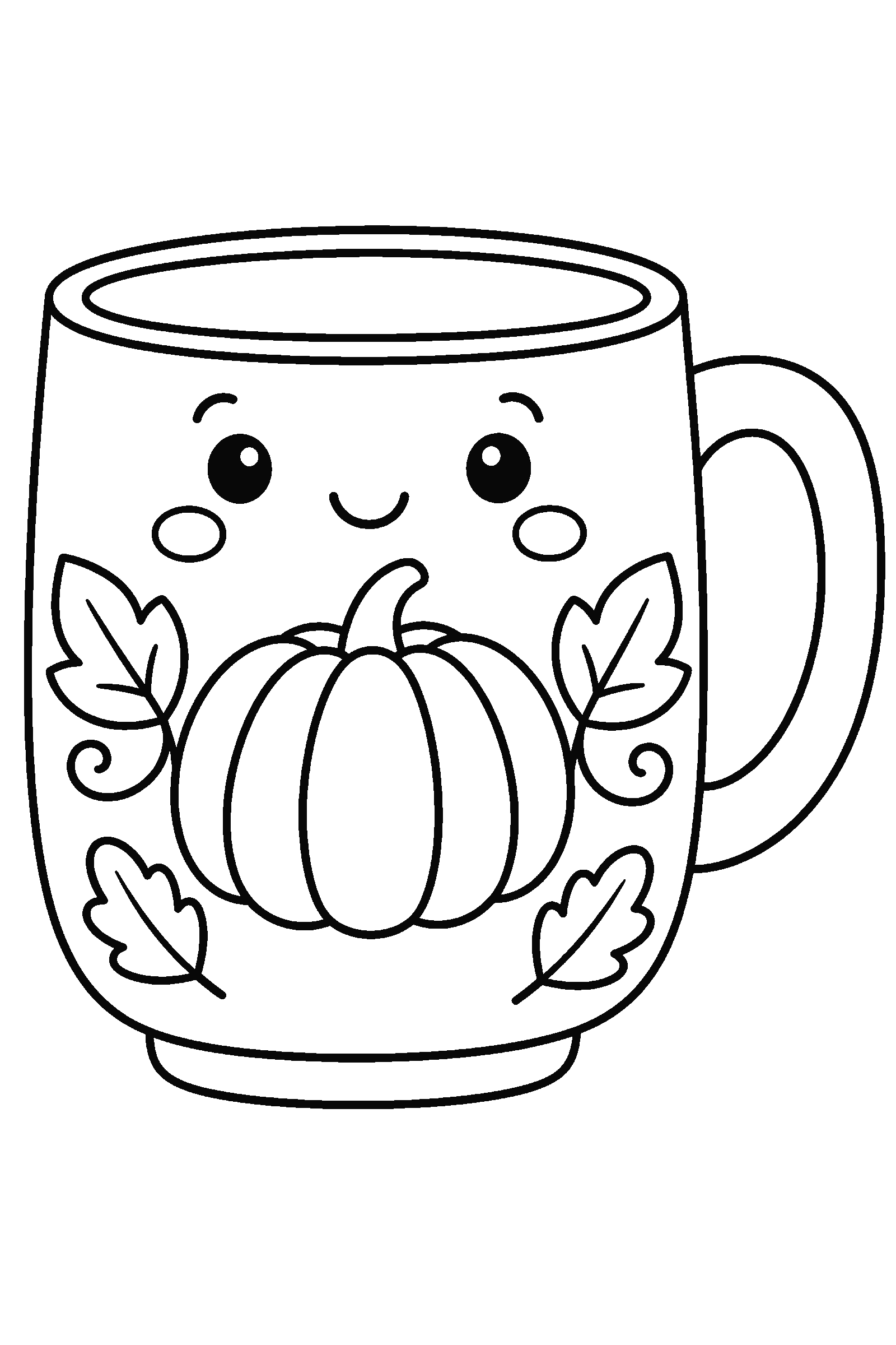Coloring page of a cute mug with a pumpkin and leaves