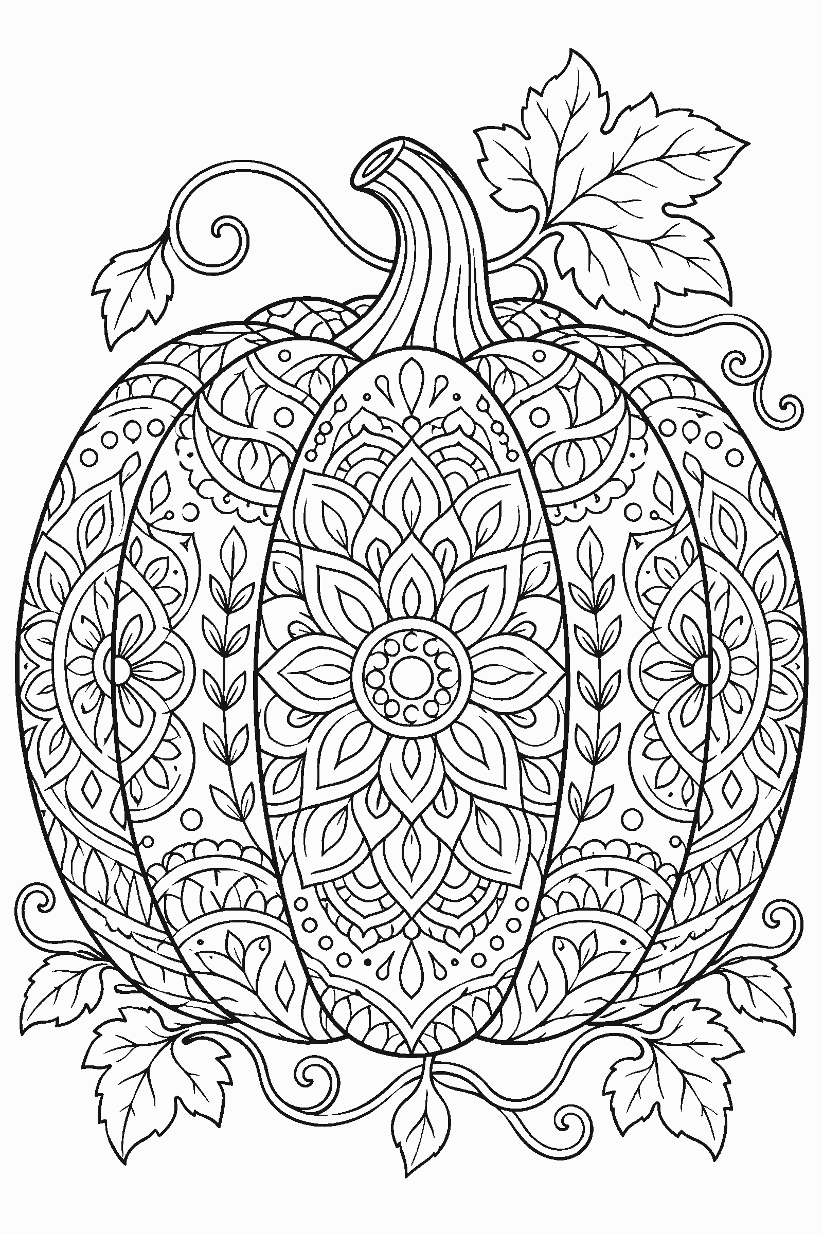 Coloring page of a detailed pumpkin made of mandala patterns