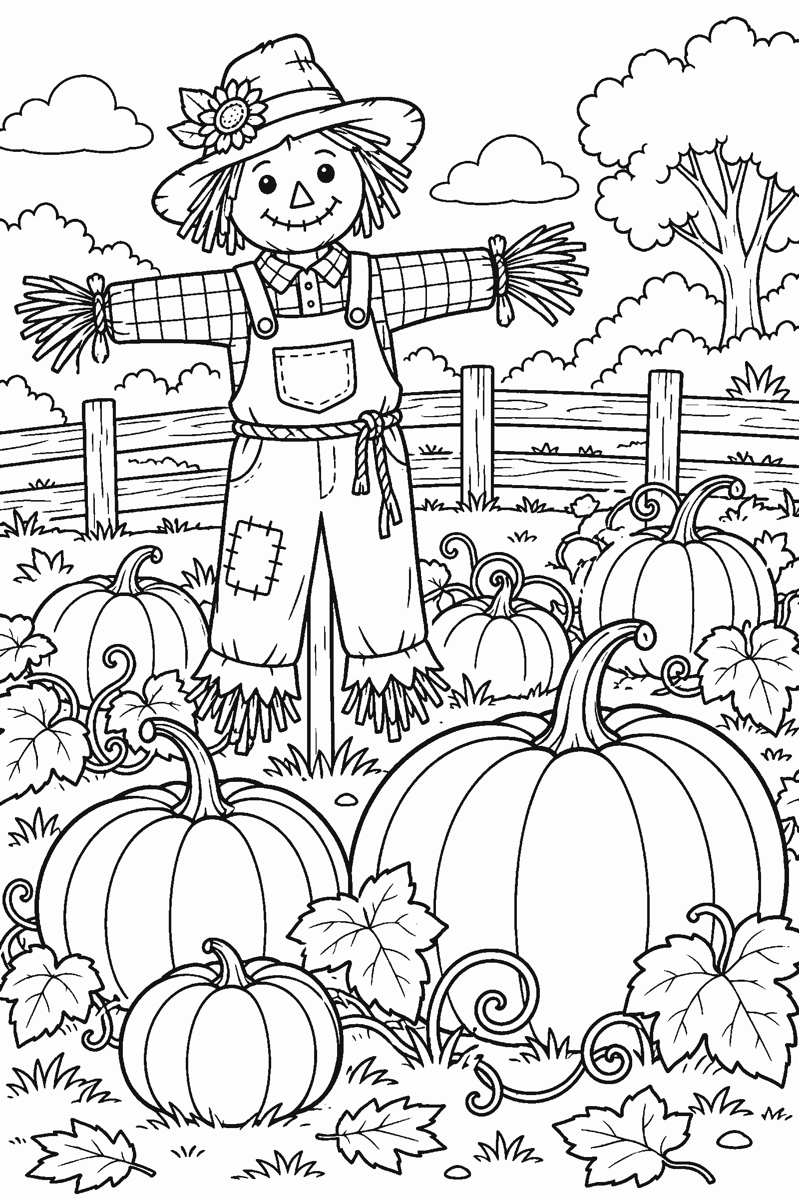 Coloring page of a pumpkin patch with vines, a scarecrow and a wooden fence