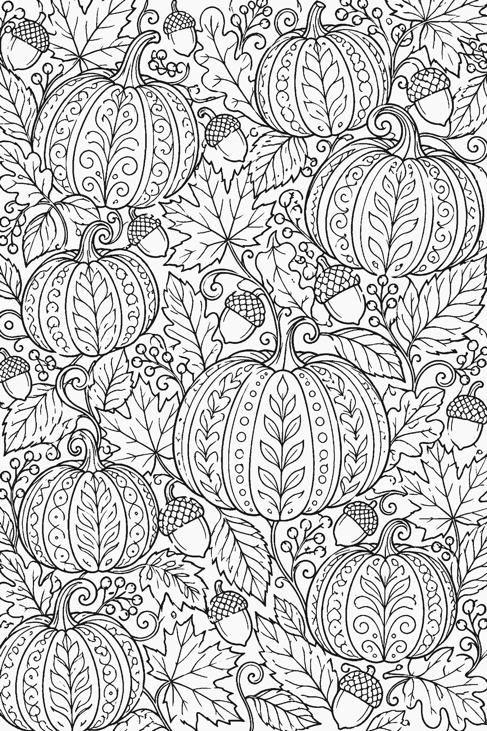 Coloring page of a full-page pattern of pumpkins, leaves and acorns