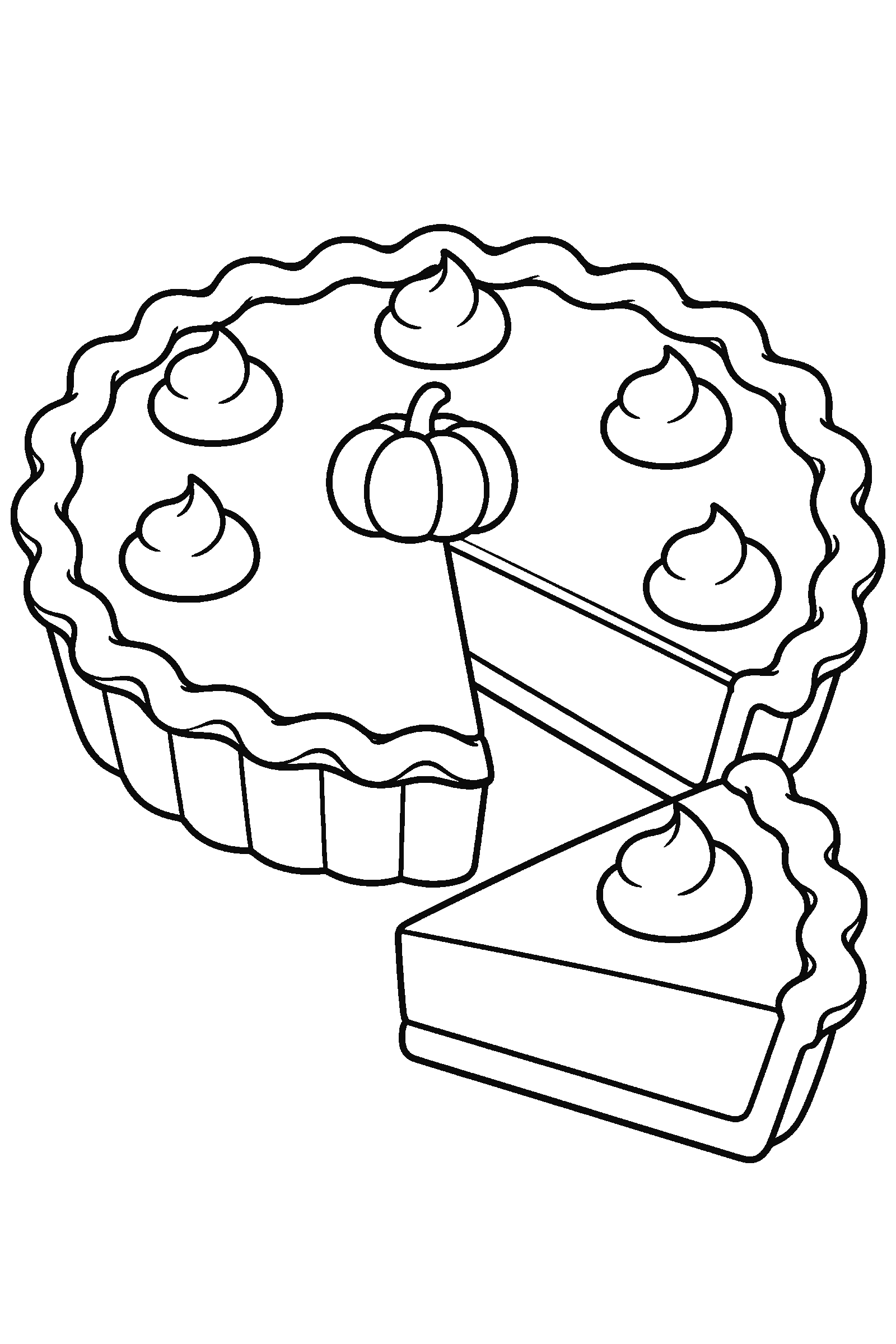 Coloring page of a pumpkin pie with a slice cut out