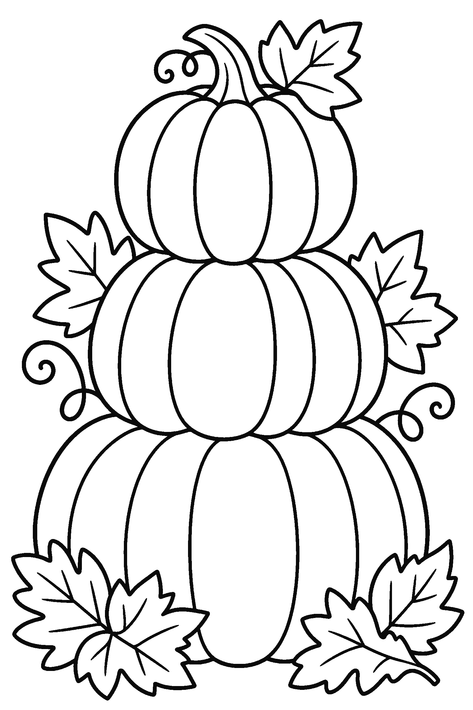 Coloring page of three stacked pumpkins with autumn leaves