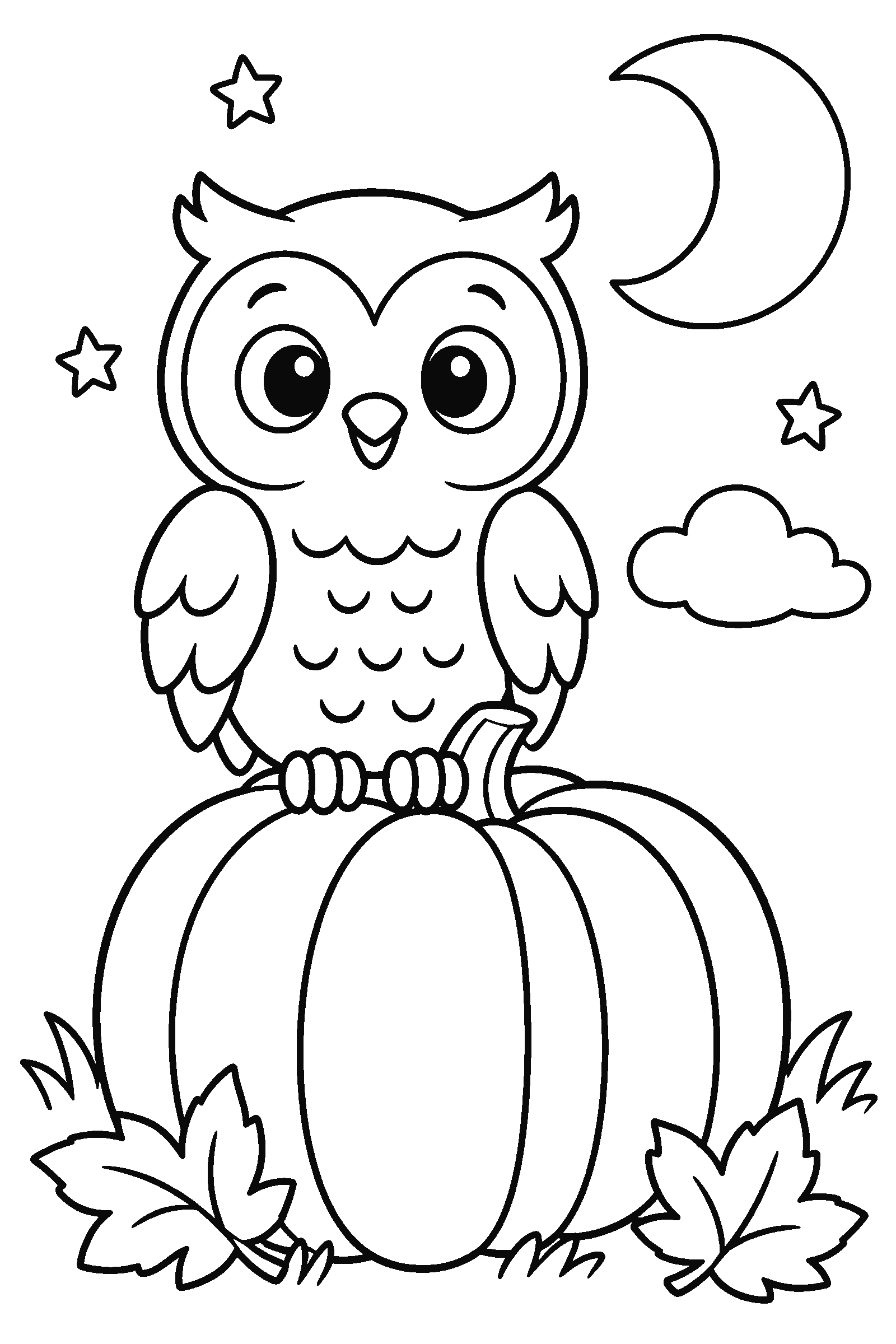 Coloring page of an owl sitting on a pumpkin under the moon