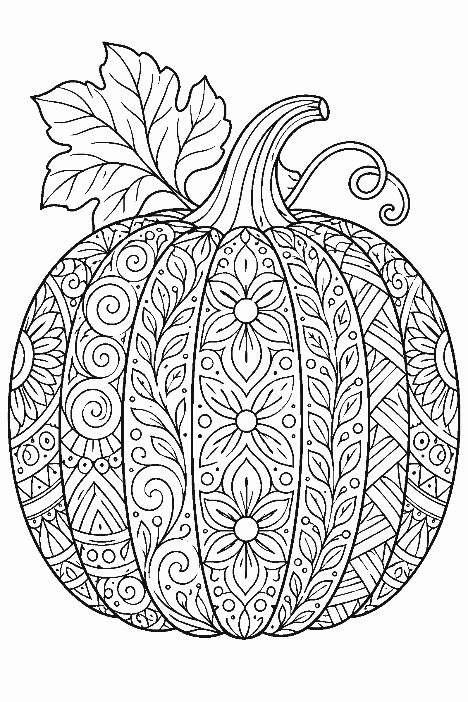 Coloring page of a pumpkin filled with zentangle patterns