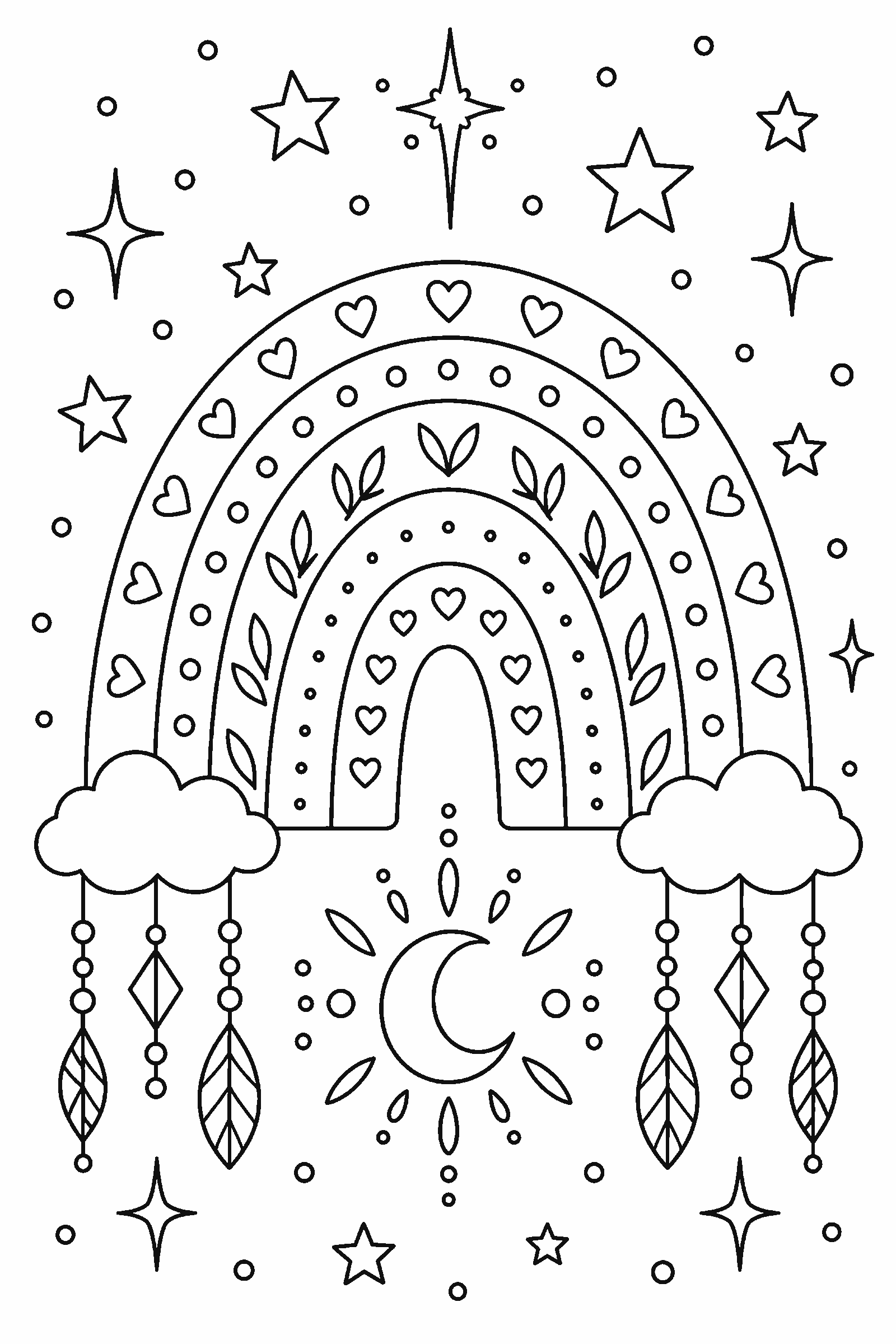 Coloring page of a boho rainbow with stars and dots