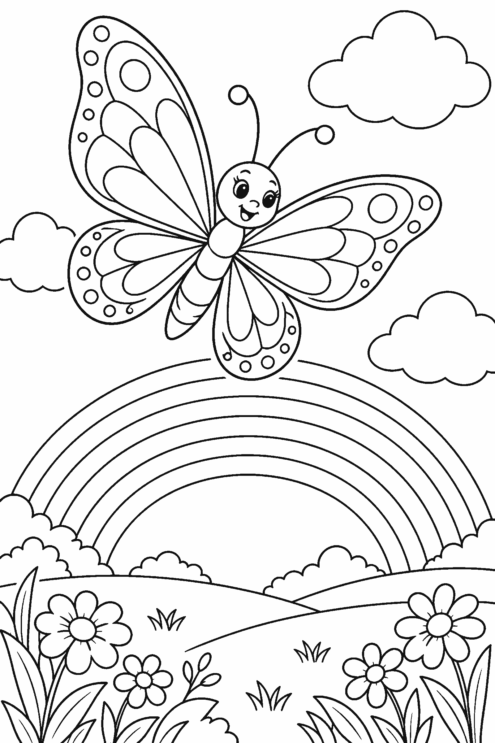 Coloring page of a butterfly flying over a rainbow