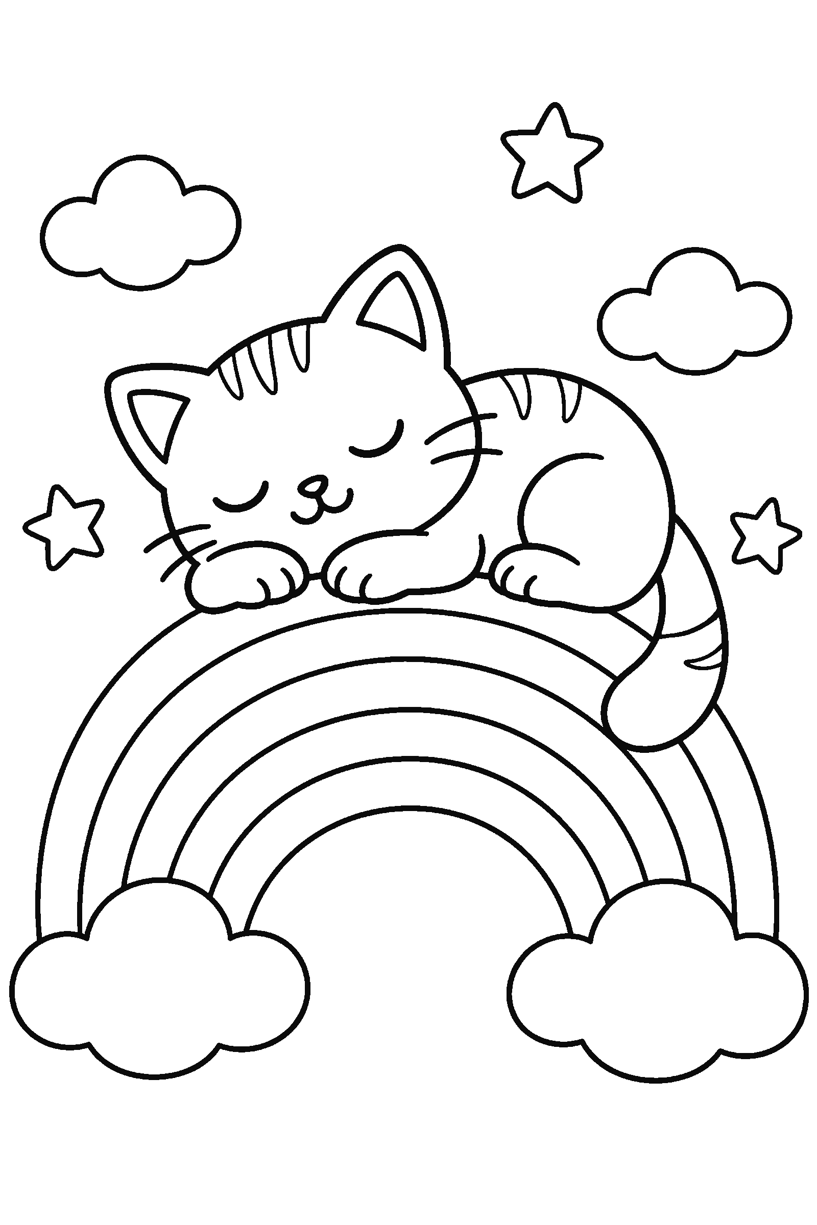 Coloring page of a cat sleeping on a rainbow