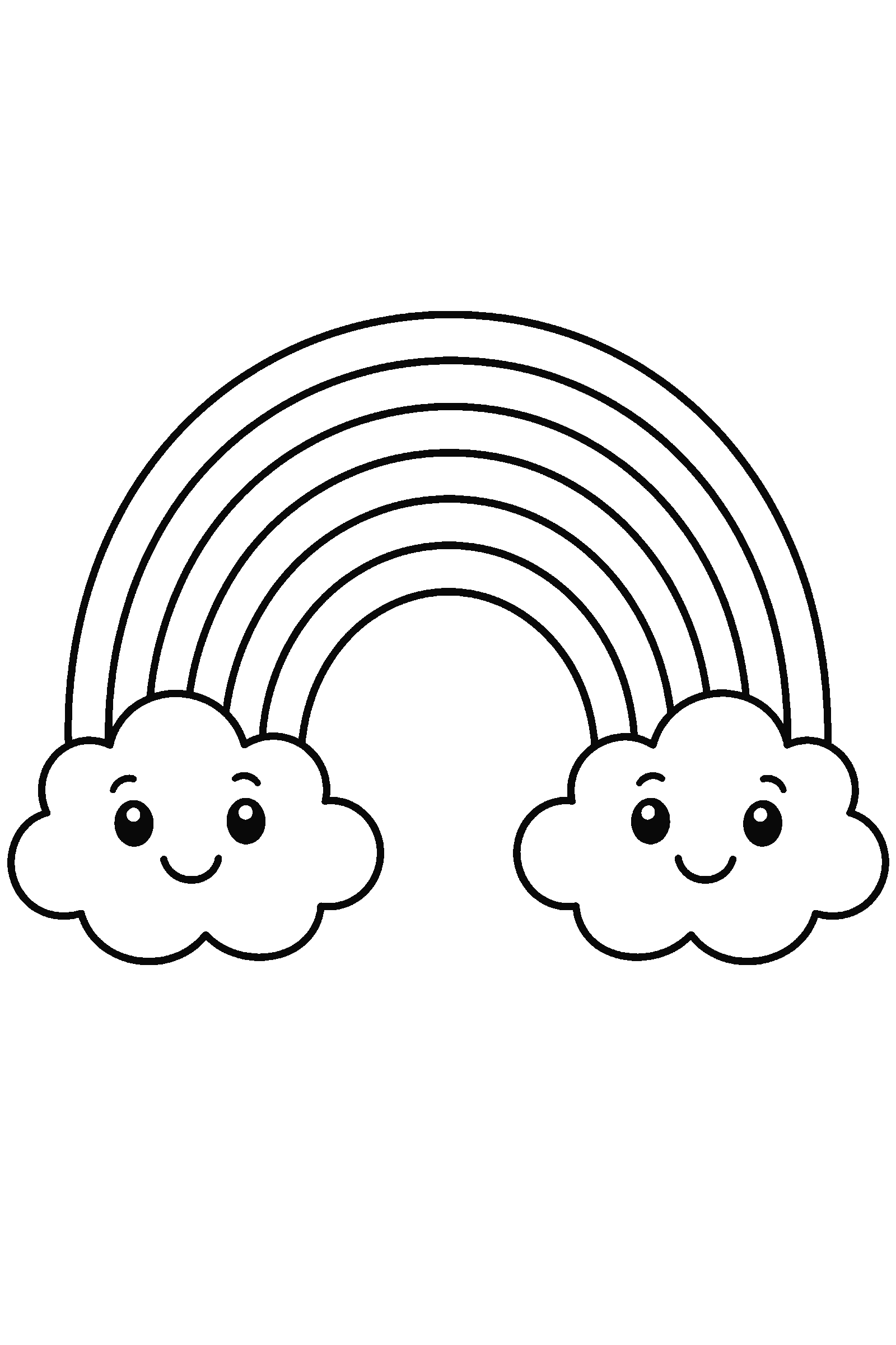 Coloring page of a big rainbow between two fluffy clouds