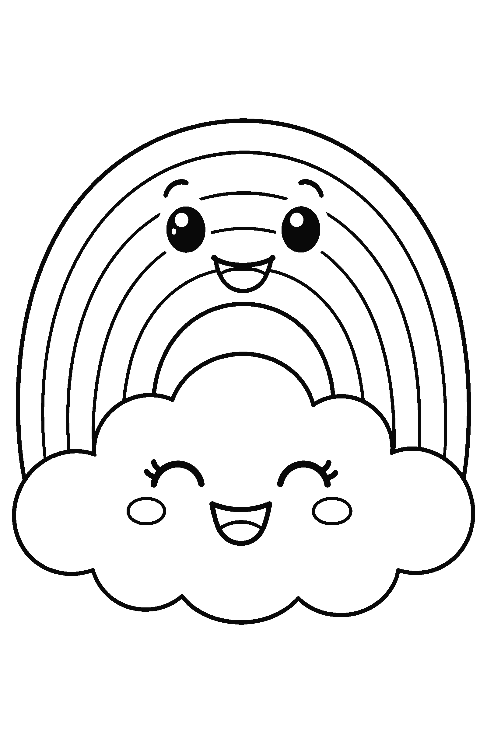 Coloring page of a smiling rainbow with a happy cloud