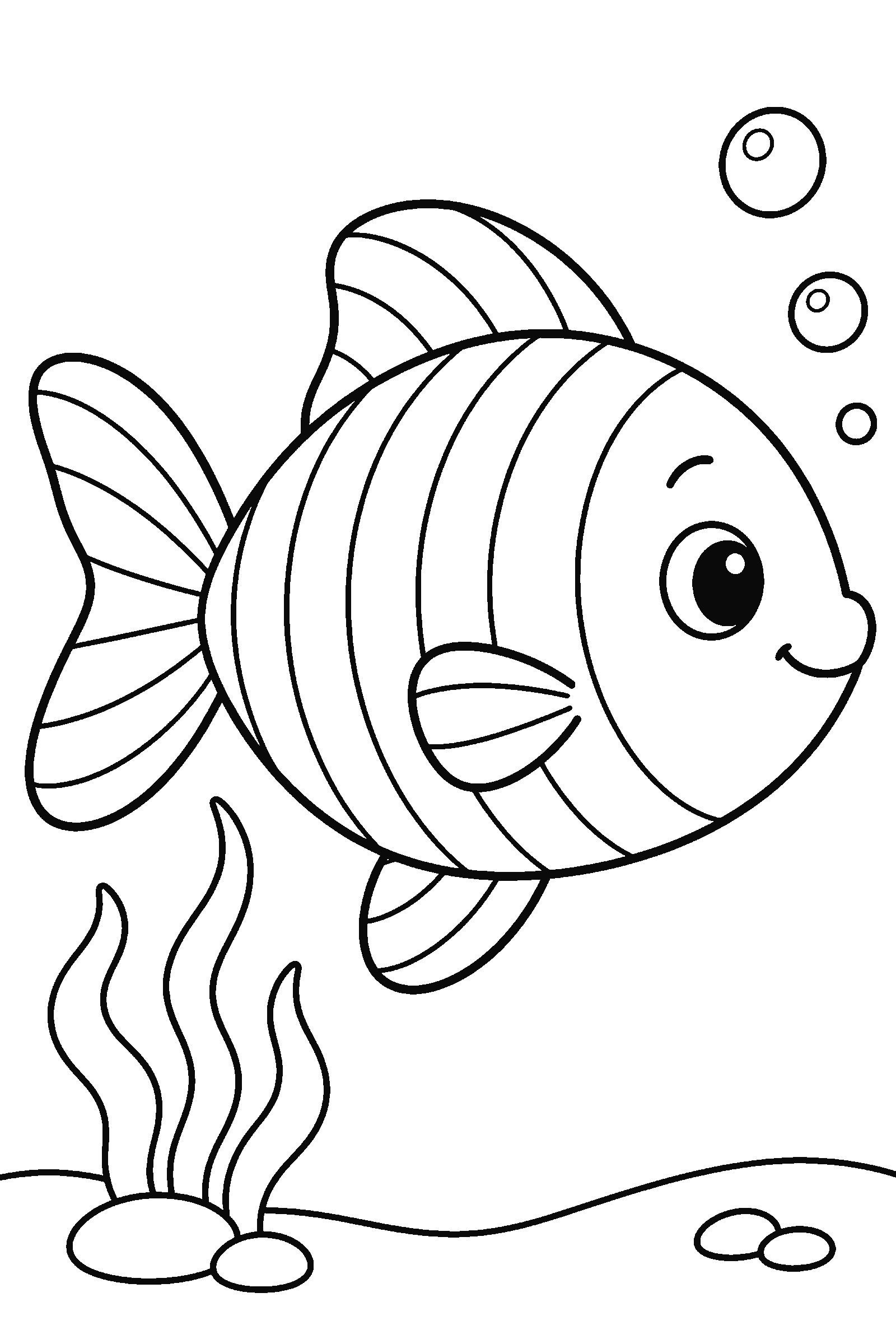 Coloring page of a fish with rainbow stripes and bubbles