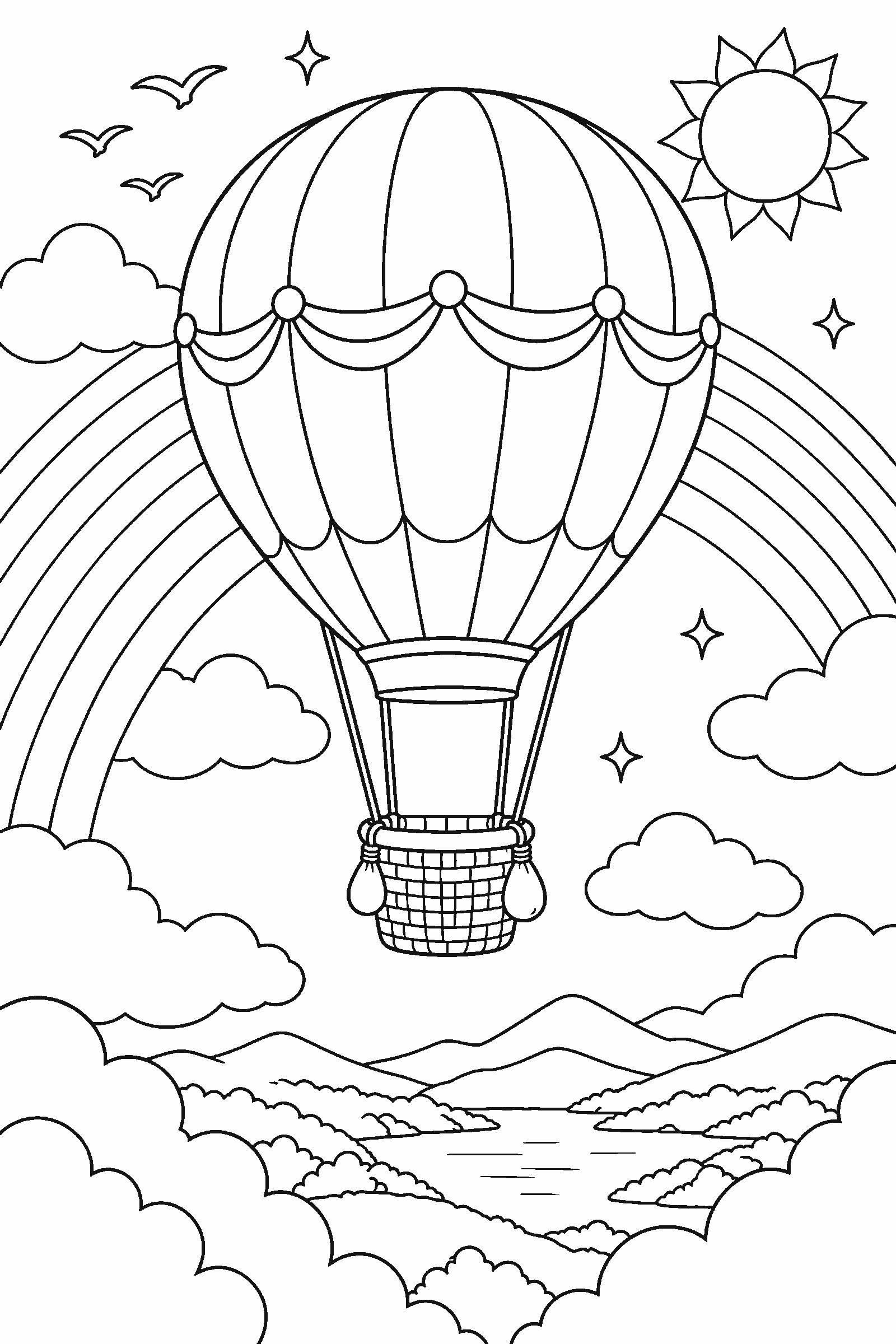 Coloring page of a hot air balloon flying through a rainbow