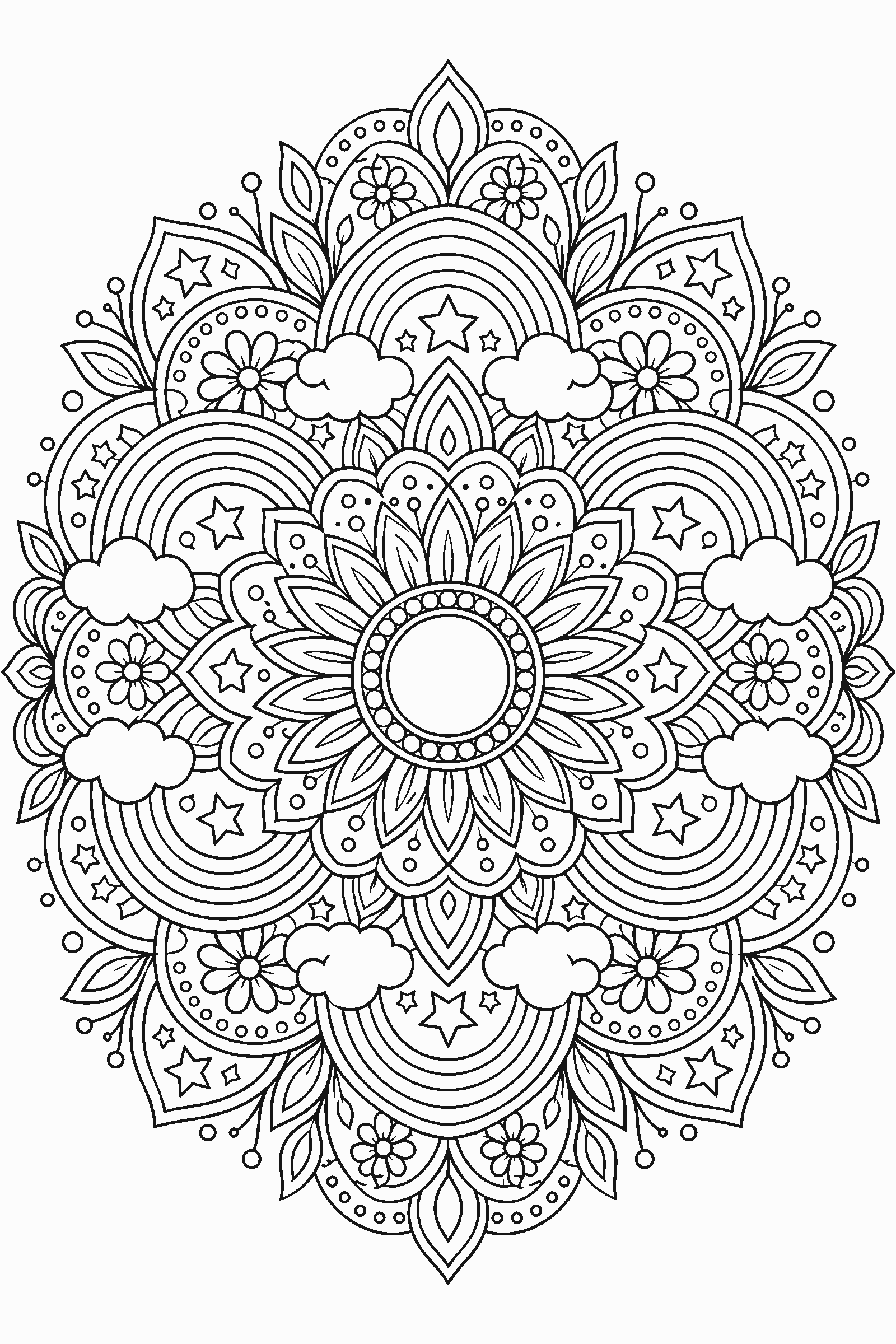 Coloring page of a detailed rainbow mandala