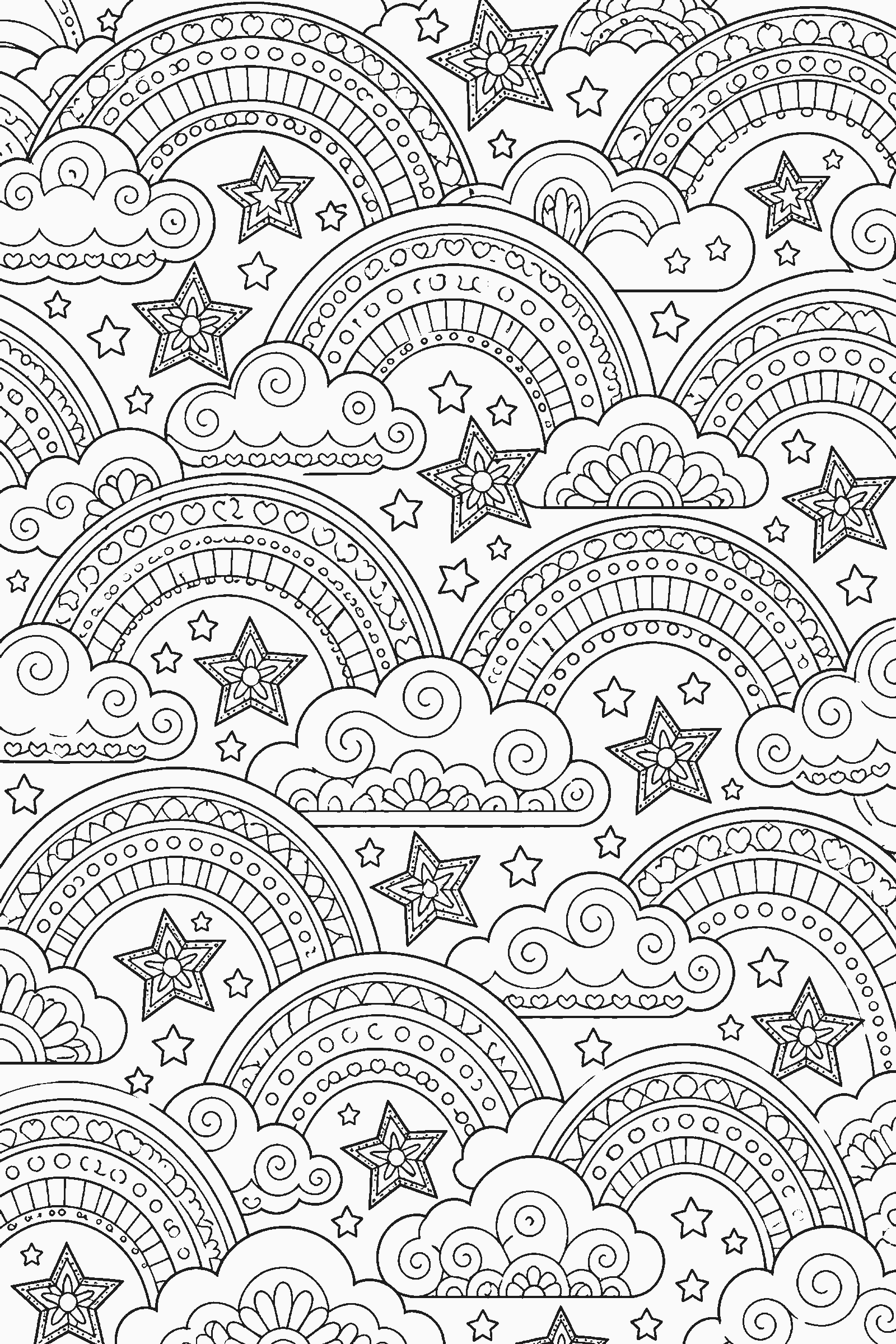 Coloring page of a full-page pattern of rainbows, clouds and stars