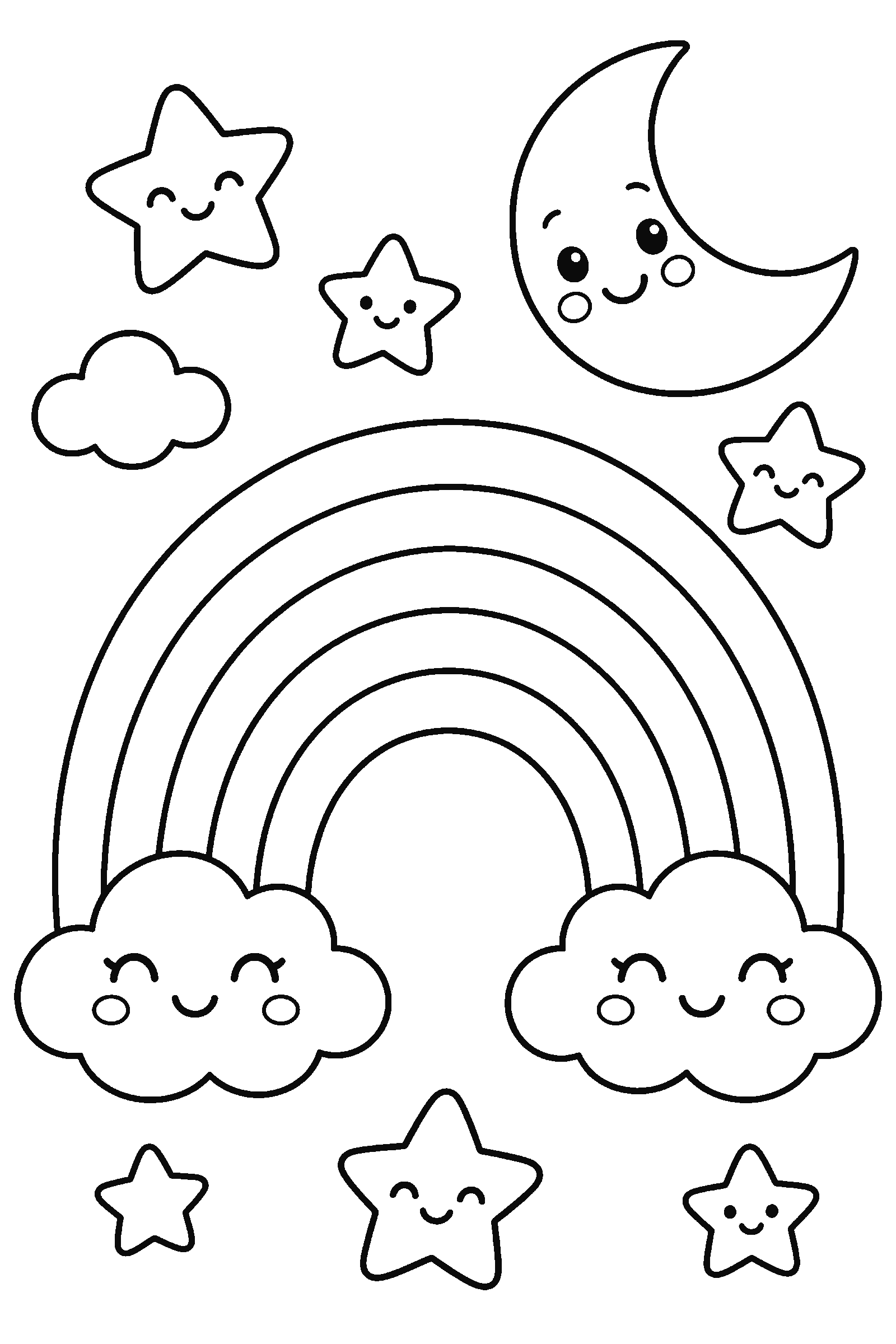 Coloring page of a rainbow with stars and moon