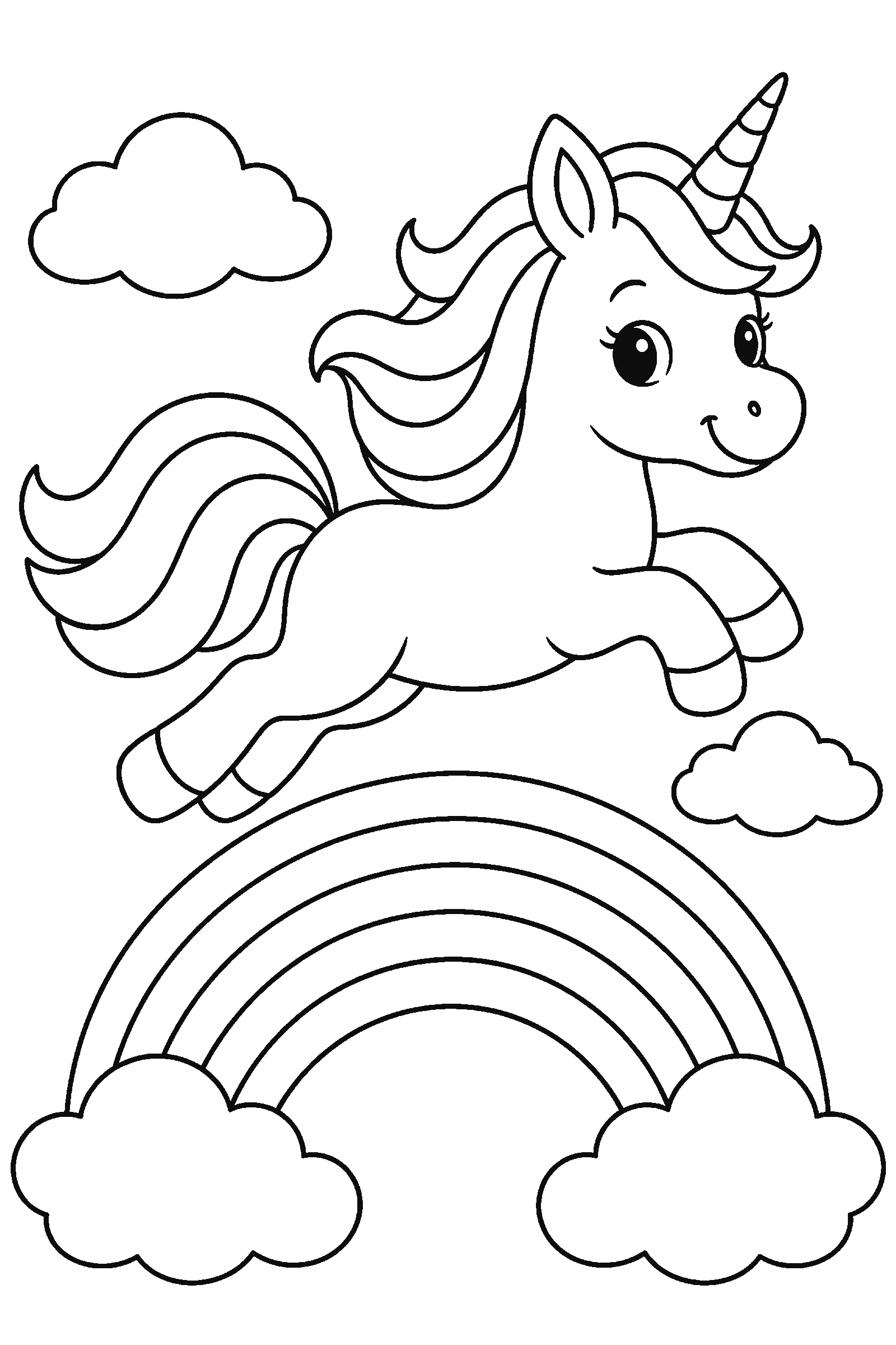 Coloring page of a unicorn jumping over a rainbow