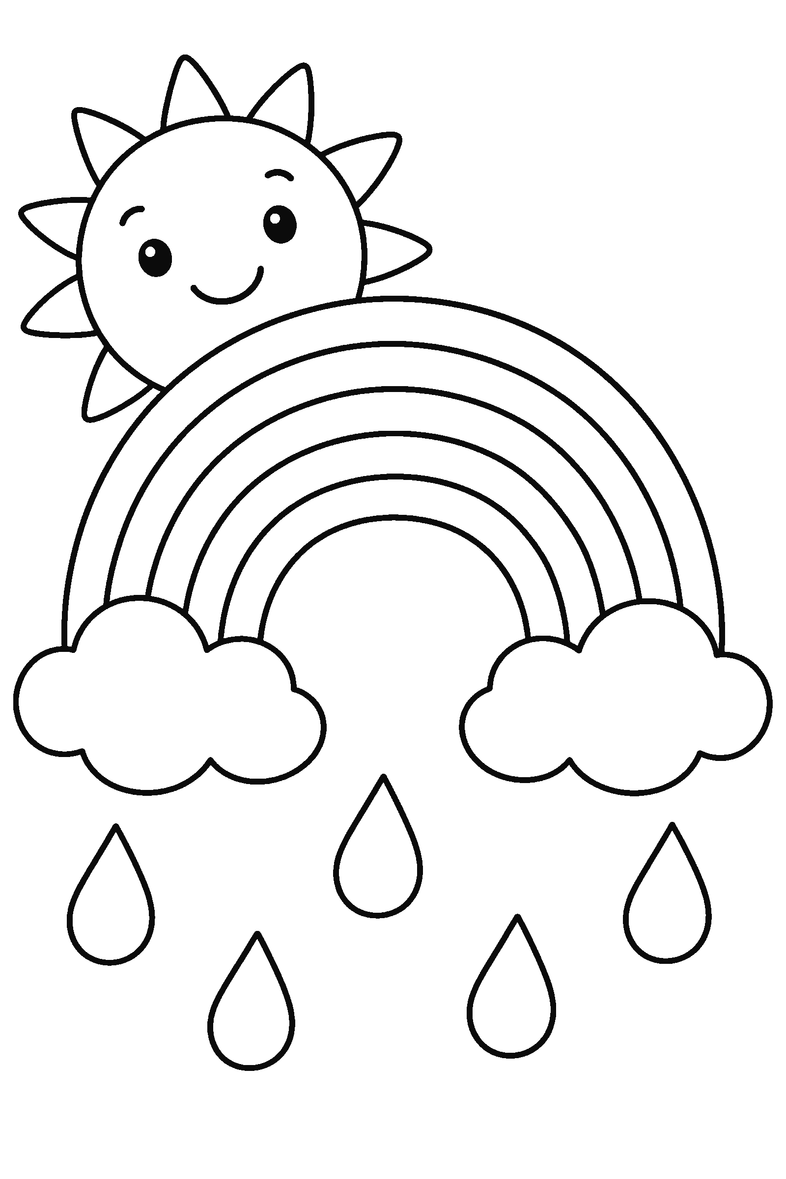Coloring page of a rainbow with the sun and rain drops