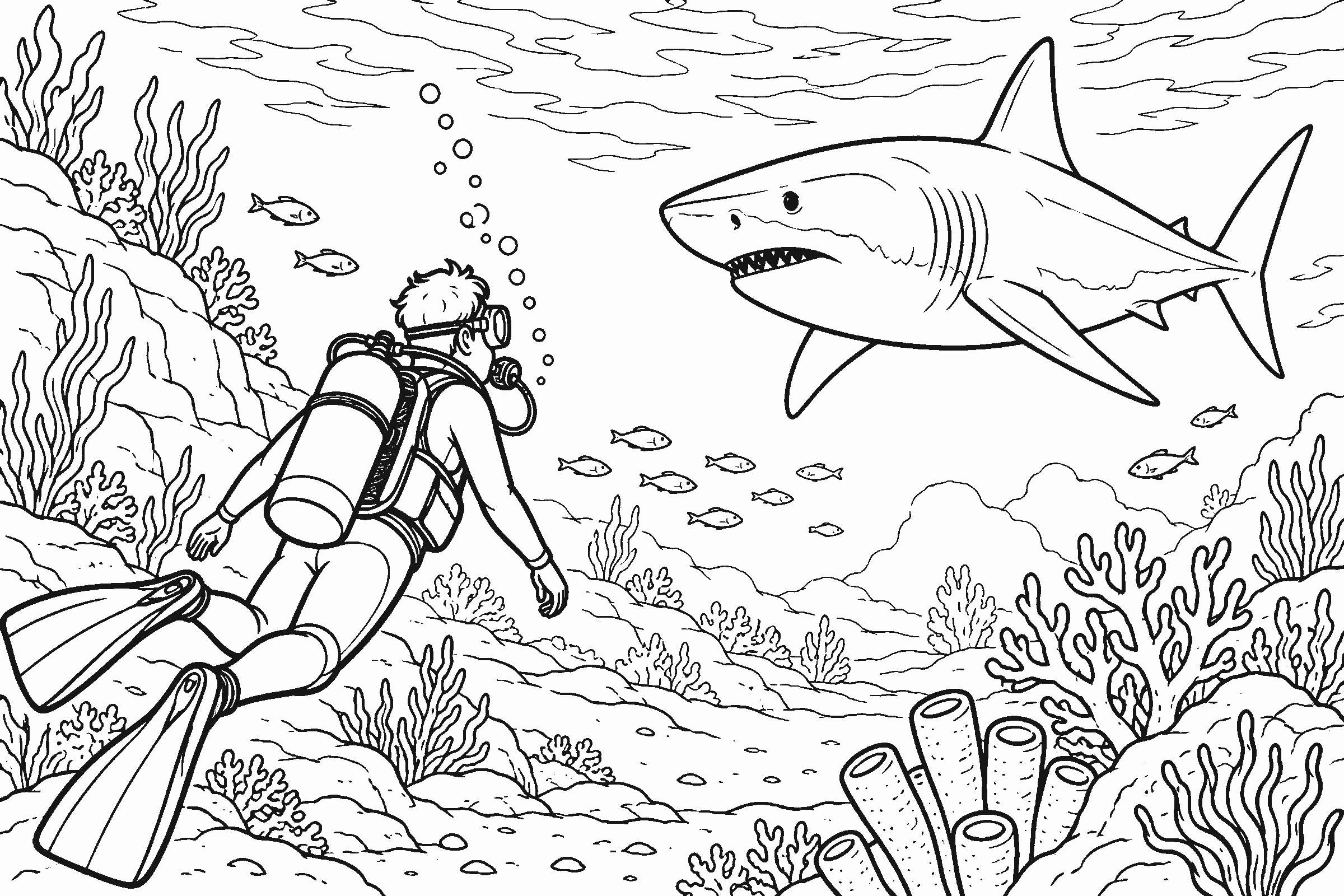 Coloring page of a scuba diver watching a shark from a distance