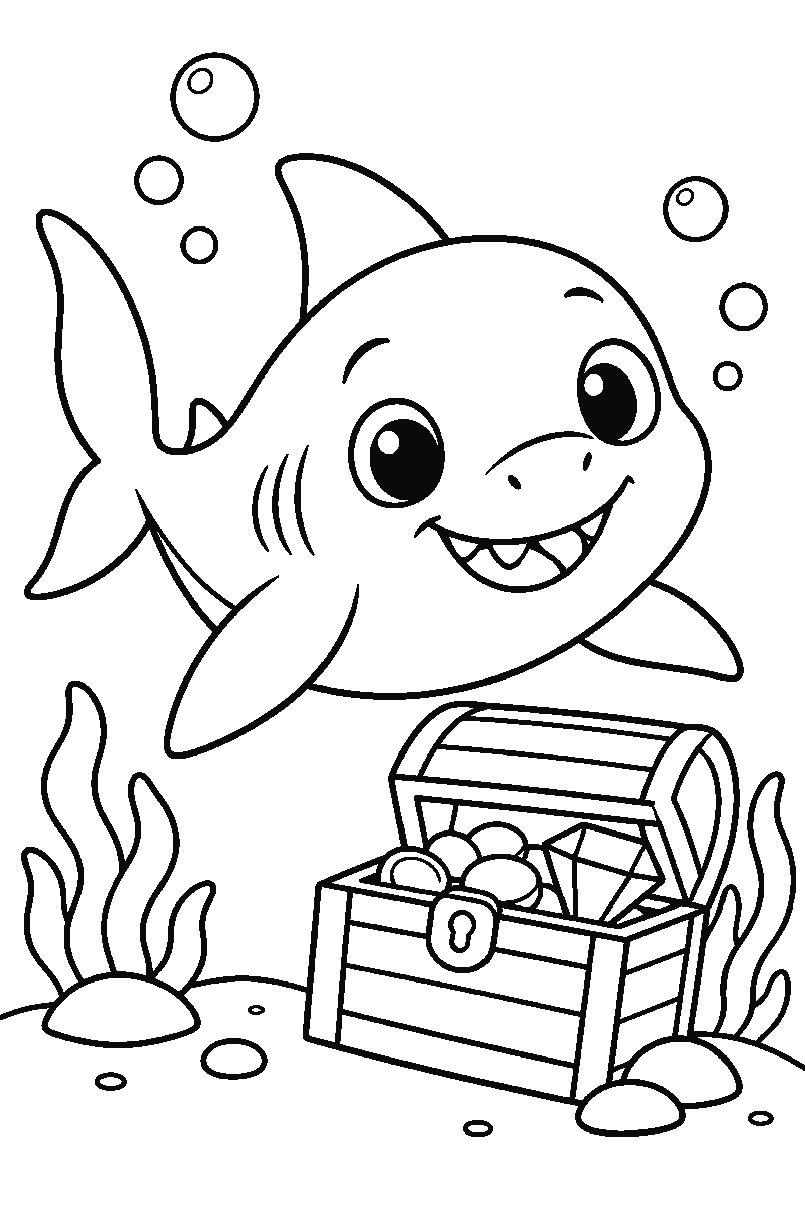 Coloring page of a cute shark next to a treasure chest on the sea floor