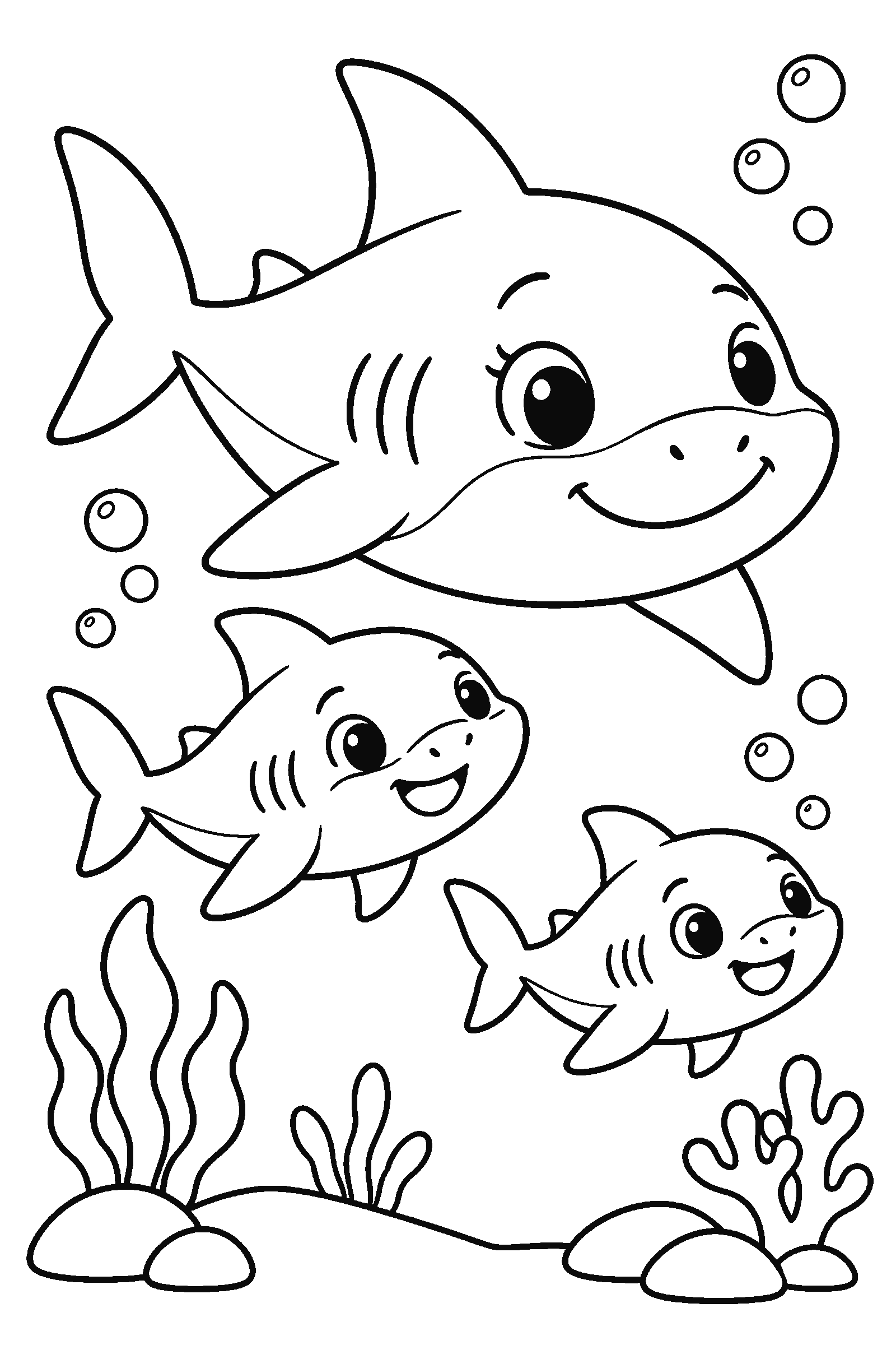 Coloring page of a shark family of three swimming together