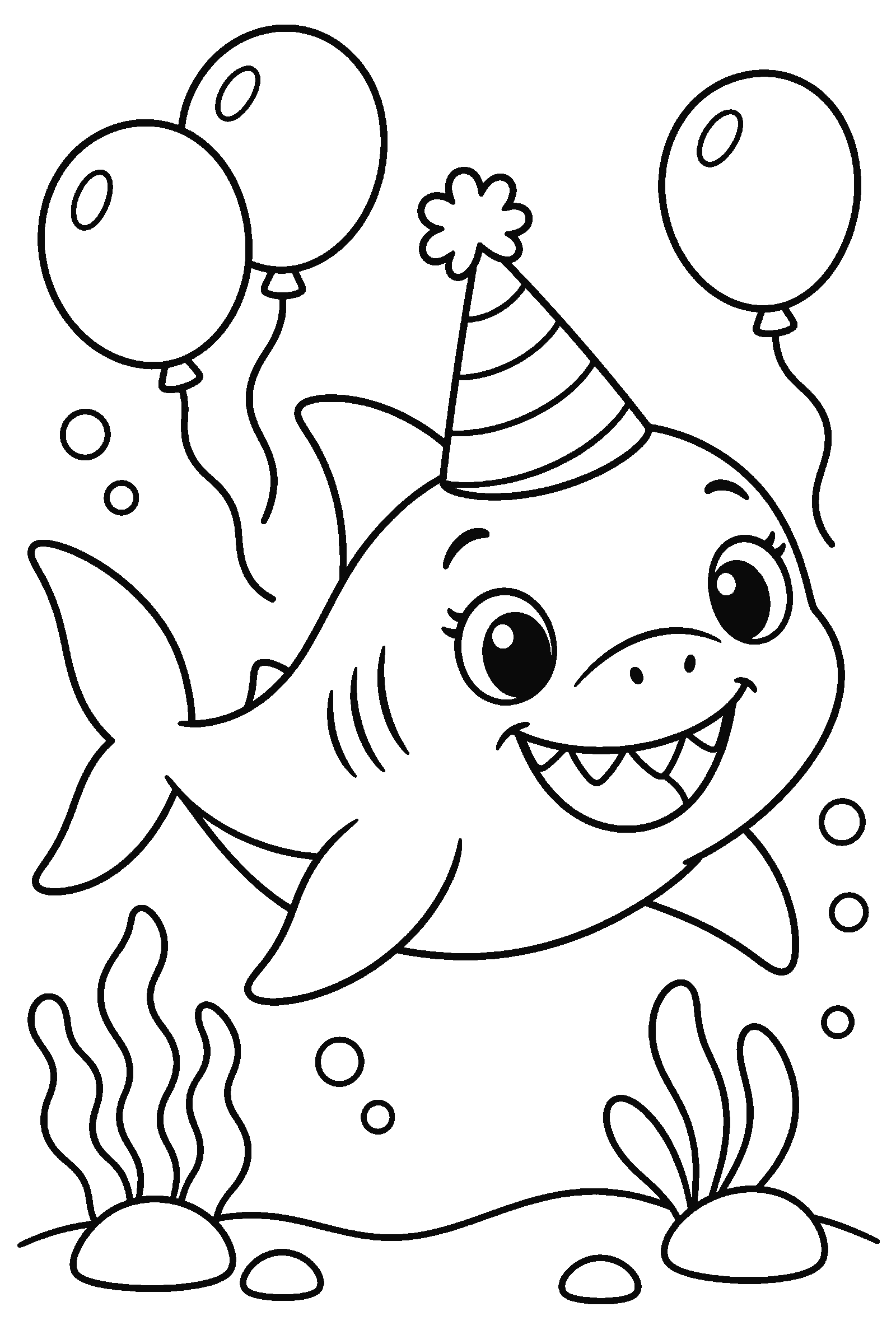 Coloring page of a cute shark with a party hat and balloons underwater
